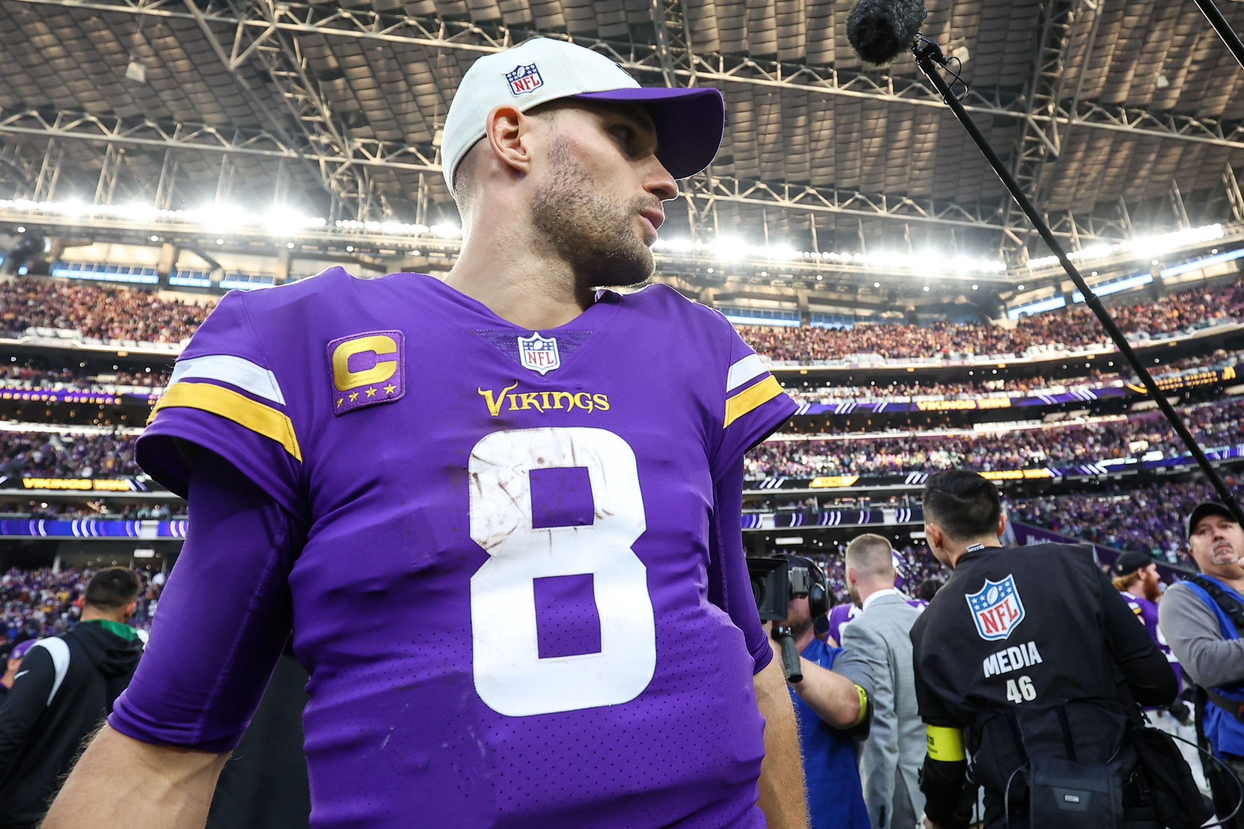 Dec 4, 2022; Minneapolis, Minnesota, USA; Minnesota Vikings quarterback Kirk Cousins (8) looks on after the game against the New York Jets at U.S. Bank Stadium. Mandatory Credit: Matt Krohn-USA TODAY Sports