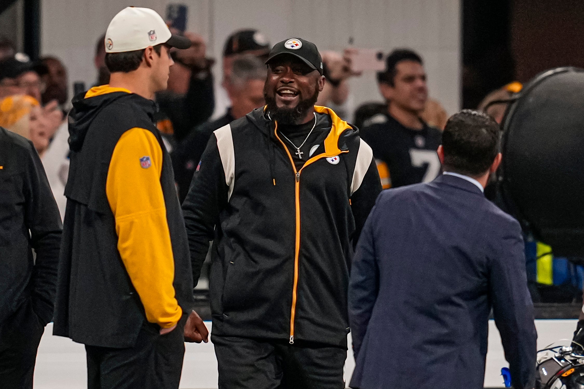 Dec 4, 2022; Atlanta, Georgia, USA; Pittsburgh Steelers head coach Mike Tomlin reacts after safety Minkah Fitzpatrick (39) (not shown) intercepts a pass against the Atlanta Falcons on the Falcons final offensive play during the fourth quarter at Mercedes-Benz Stadium. Mandatory Credit: Dale Zanine-USA TODAY Sports
