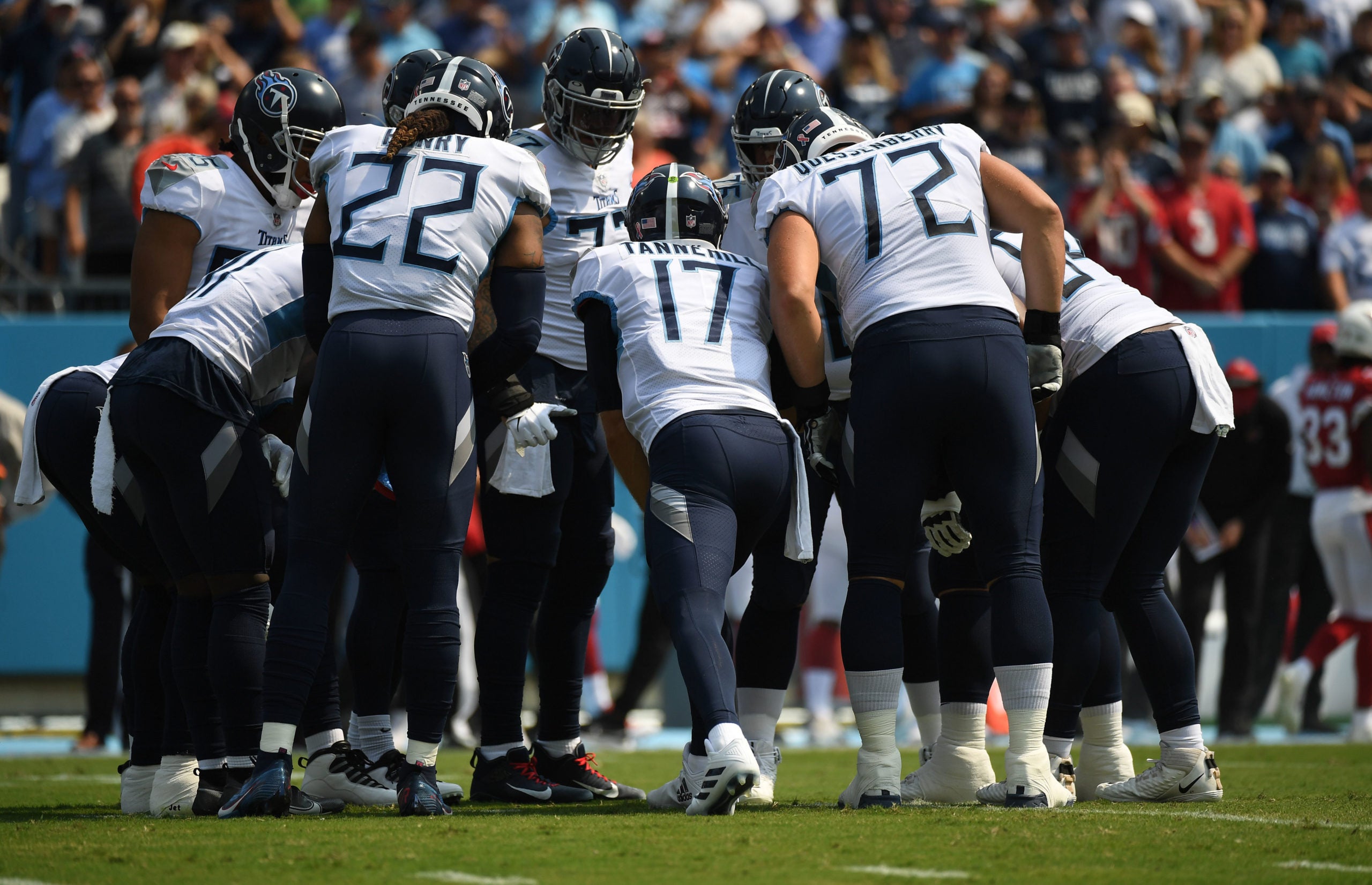 Sep 12, 2021; Nashville, Tennessee, USA; Tennessee Titans quarterback Ryan Tannehill (17) talks in the huddle before the first play against the Arizona Cardinals at Nissan Stadium. Mandatory Credit: Christopher Hanewinckel-USA TODAY Sports