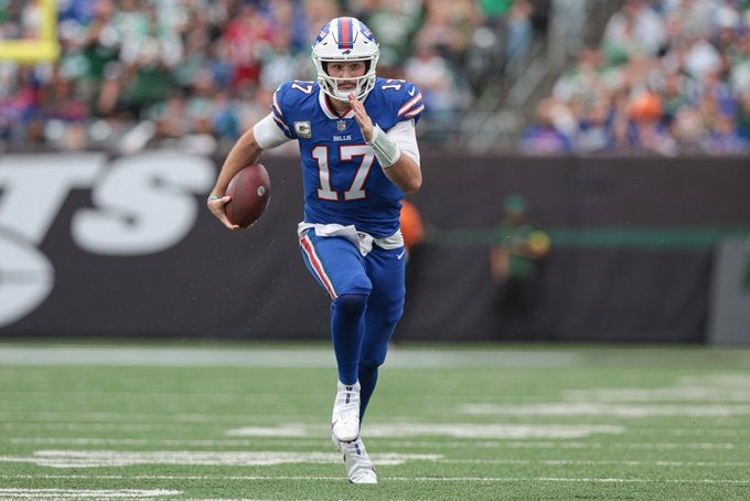 Buffalo Bills QB Josh Allen elbow injury update UCL ligaments missed games out for season doctors head coach Sean McDermott New York Jets Week 10 Minnesota Vikings status health availability Case Keenum MVP superstar NFL football AFC news