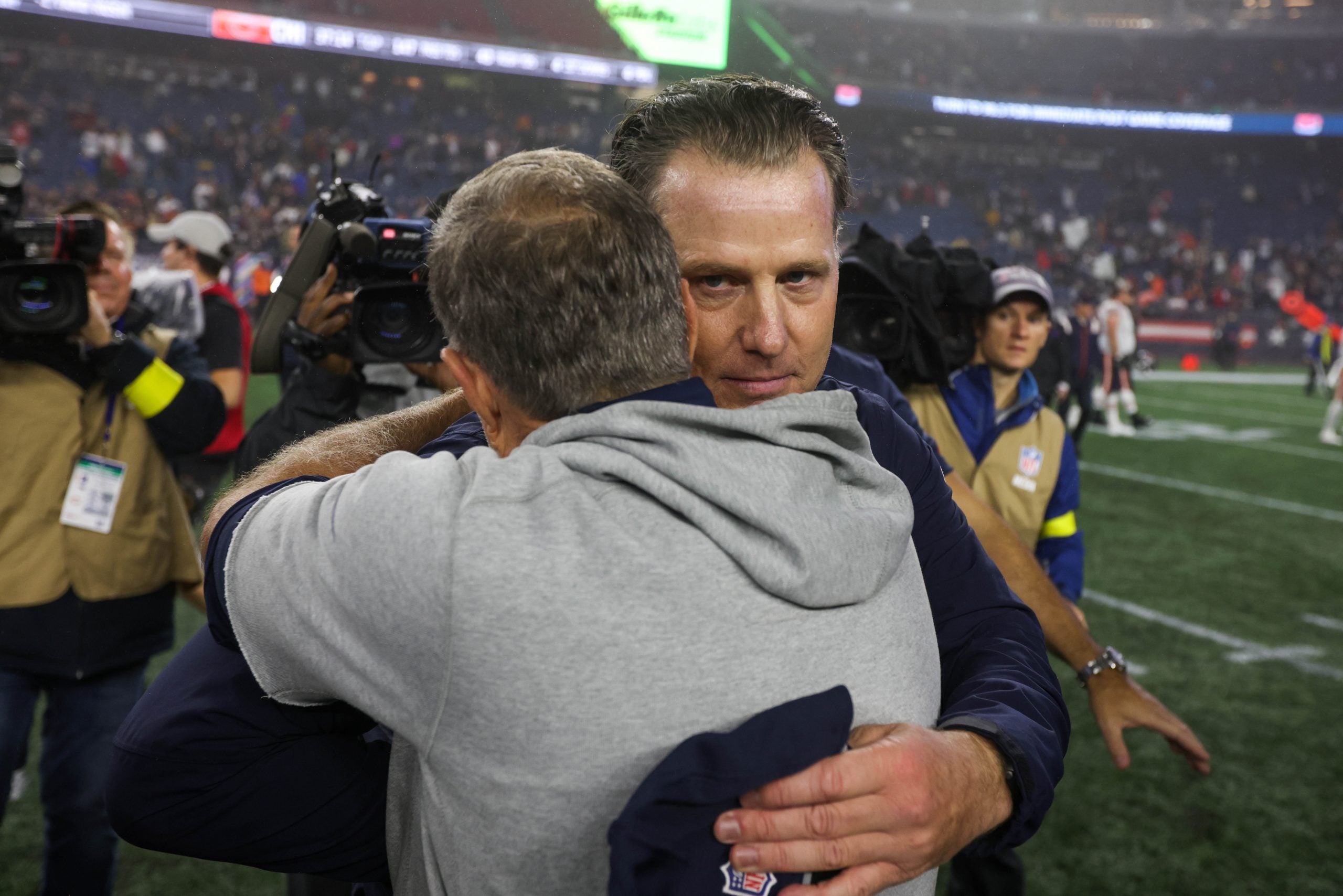 Oct 24, 2022; Foxborough, Massachusetts, USA; Chicago Bears head coach Matt Eberflus and New England Patriots head coach Bill Belichick shake hands after the Chicago Bears defeated the New England Patriots at Gillette Stadium. Mandatory Credit: Paul Rutherford-USA TODAY Sports