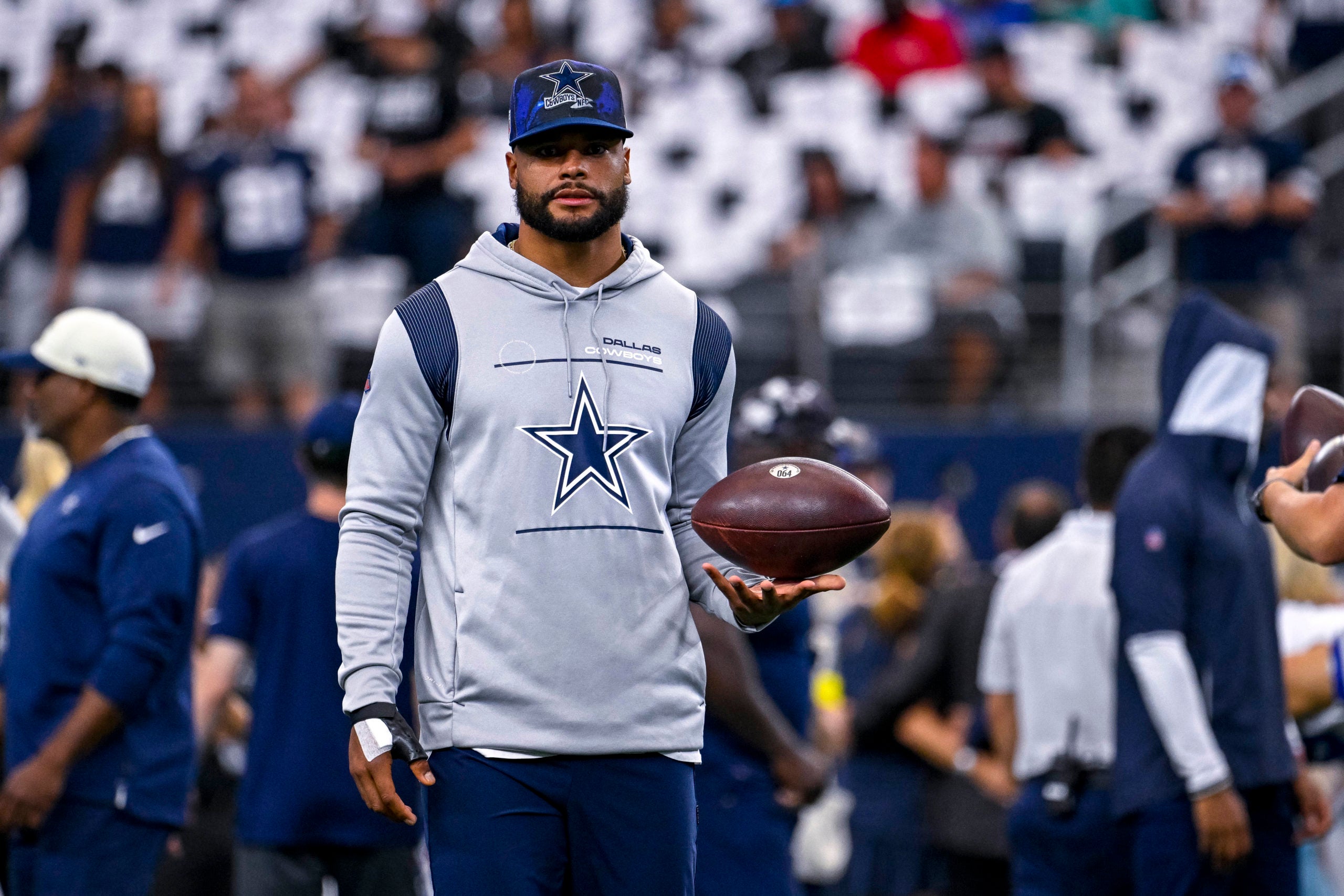 Sep 18, 2022; Arlington, Texas, USA; Dallas Cowboys quarterback Dak Prescott (4) walks the field before the game between the Dallas Cowboys and the Cincinnati Bengals at AT&T Stadium. Mandatory Credit: Jerome Miron-USA TODAY Sports