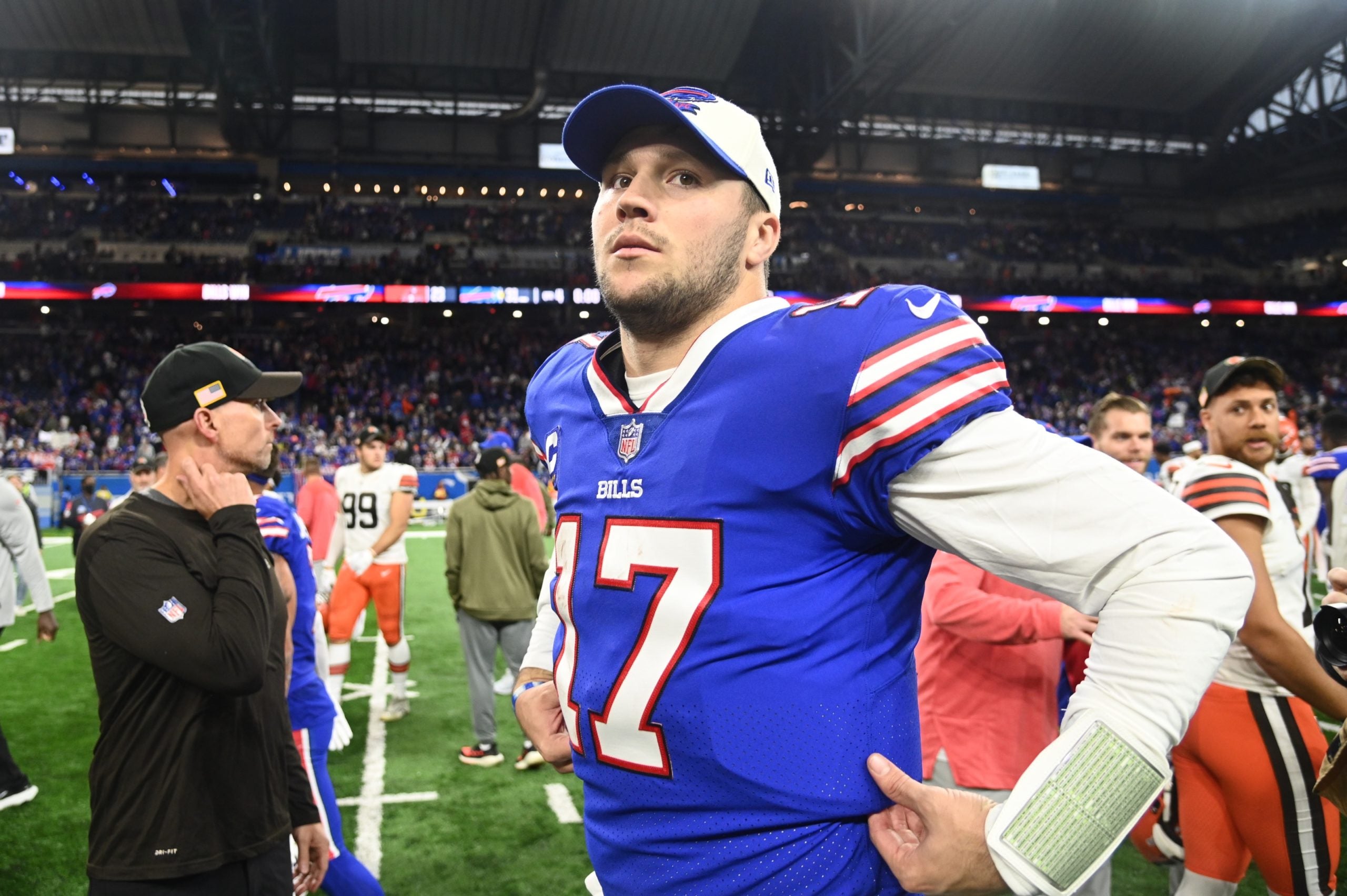 Nov 20, 2022; Detroit, Michigan, USA; Buffalo Bills quarterback Josh Allen (17) after the game against the Cleveland Browns at Ford Field. Mandatory Credit: Tim Fuller-USA TODAY Sports