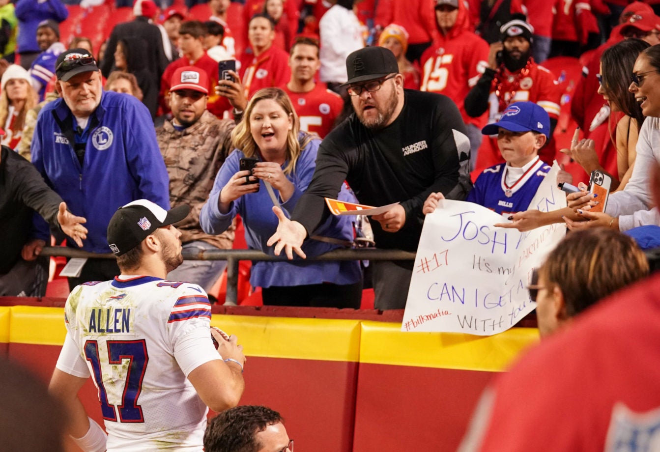 Oct 16, 2022; Kansas City, Missouri, USA; Buffalo Bills quarterback Josh Allen (17) greets fans against the Kansas City Chiefs after the game at GEHA Field at Arrowhead Stadium. Mandatory Credit: Denny Medley-USA TODAY Sports