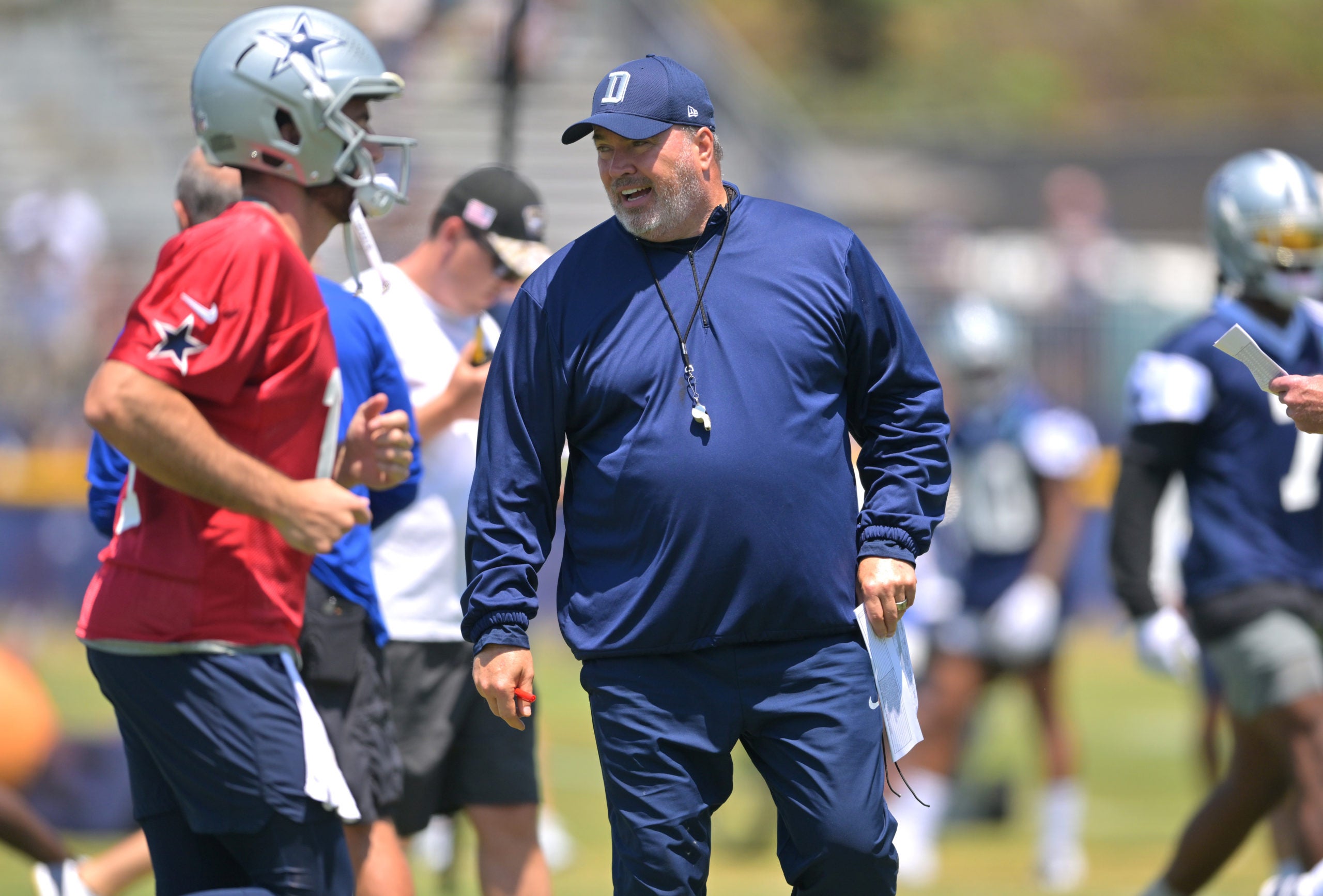 Jul 29, 2022; Onxard, CA, USA;  Dallas Cowboys head coach Mike McCarthy runs drills during training camp at River Ridge Fields in Oxnard, CA. Mandatory Credit: Jayne Kamin-Oncea-USA TODAY Sports