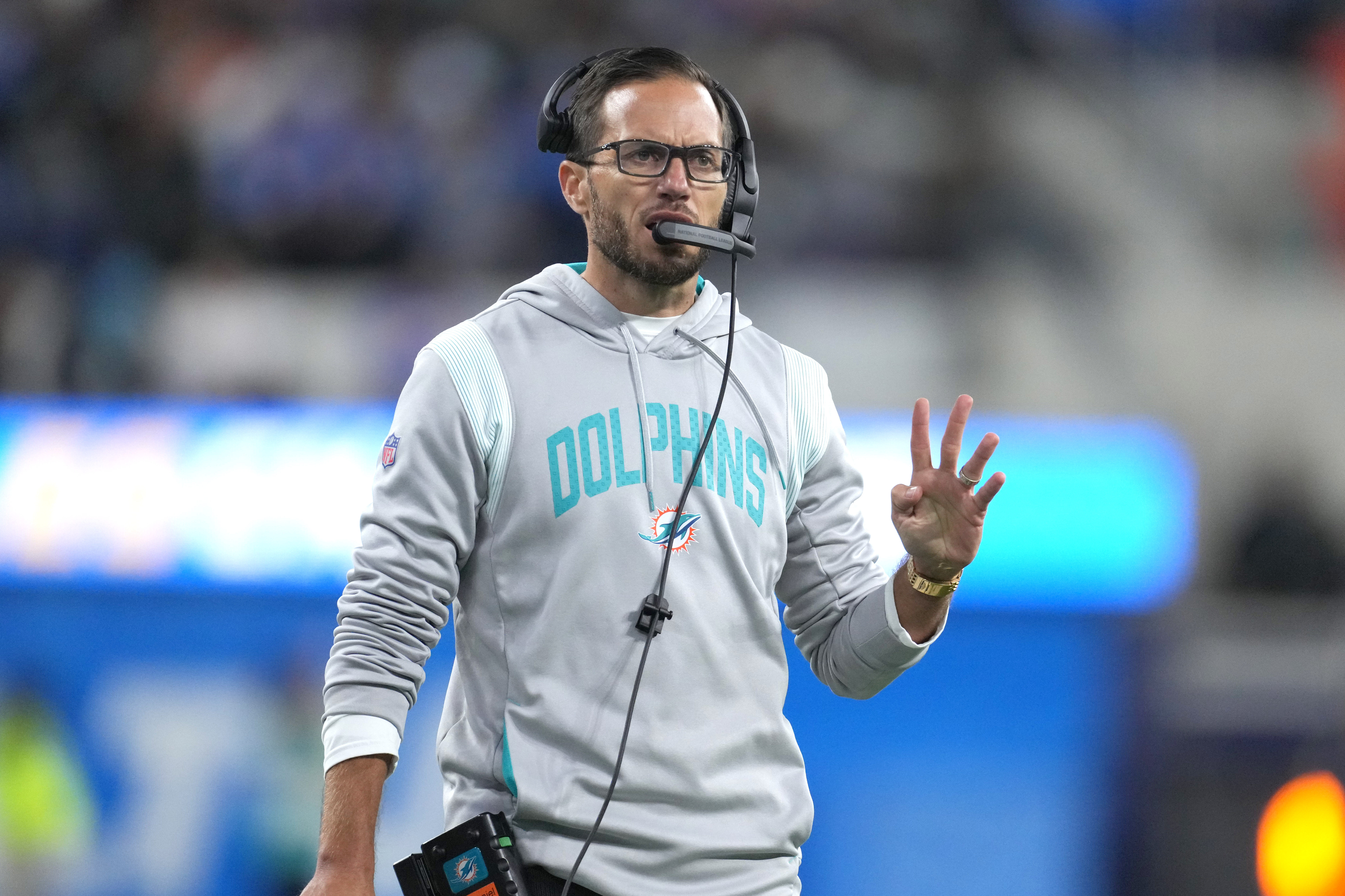 Dec 11, 2022; Inglewood, California, USA; Miami Dolphins coach Mike McDaniel reacts in the second half against the Los Angeles Chargers at SoFi Stadium. Mandatory Credit: Kirby Lee-USA TODAY Sports