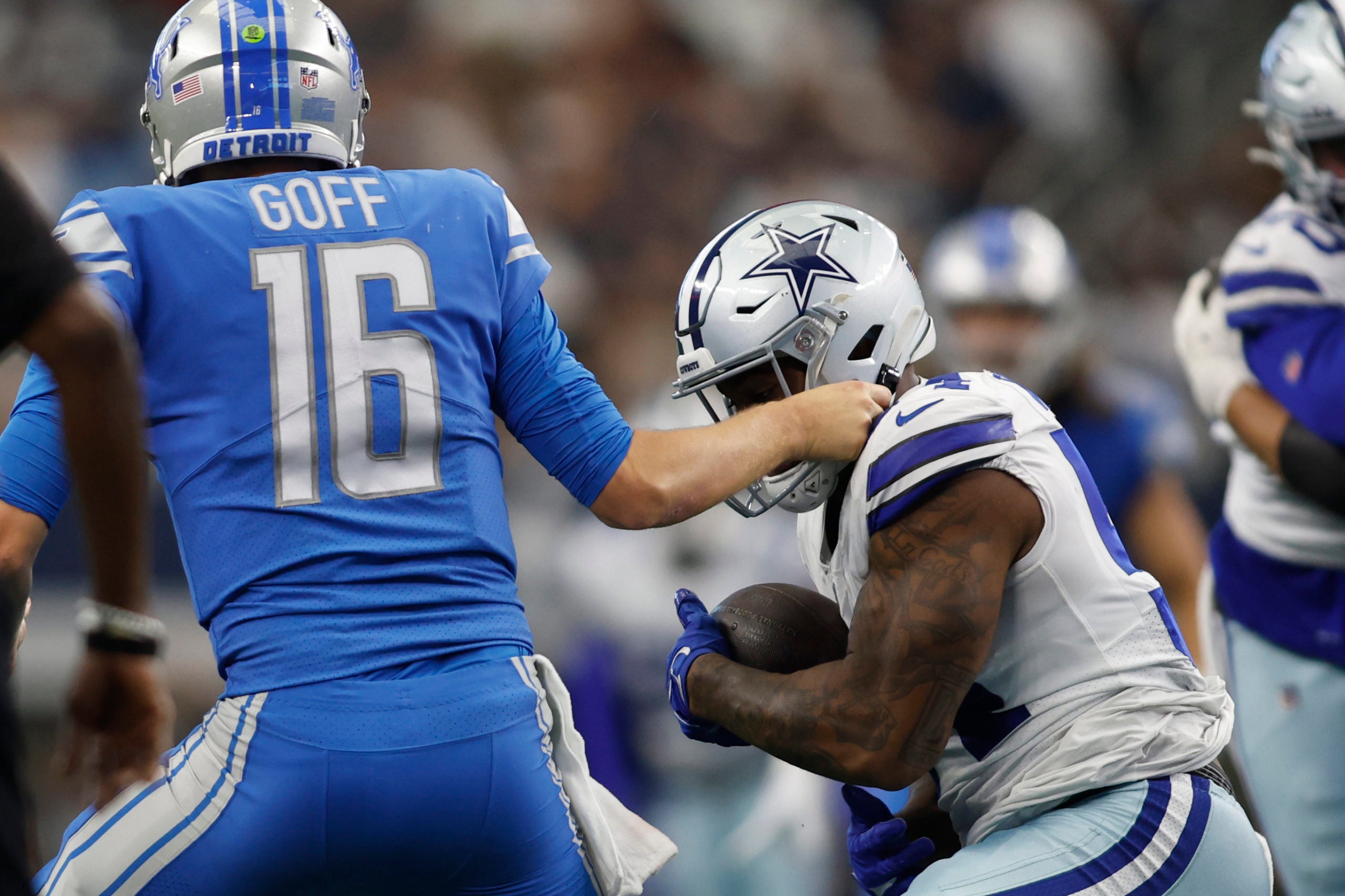 Oct 23, 2022; Arlington, Texas, USA; Dallas Cowboys defensive end Sam Williams (54) sacks and causes a fumble by Detroit Lions quarterback Jared Goff (16) and recovers it in the fourth quarter at AT&T Stadium. Mandatory Credit: Tim Heitman-USA TODAY Sports