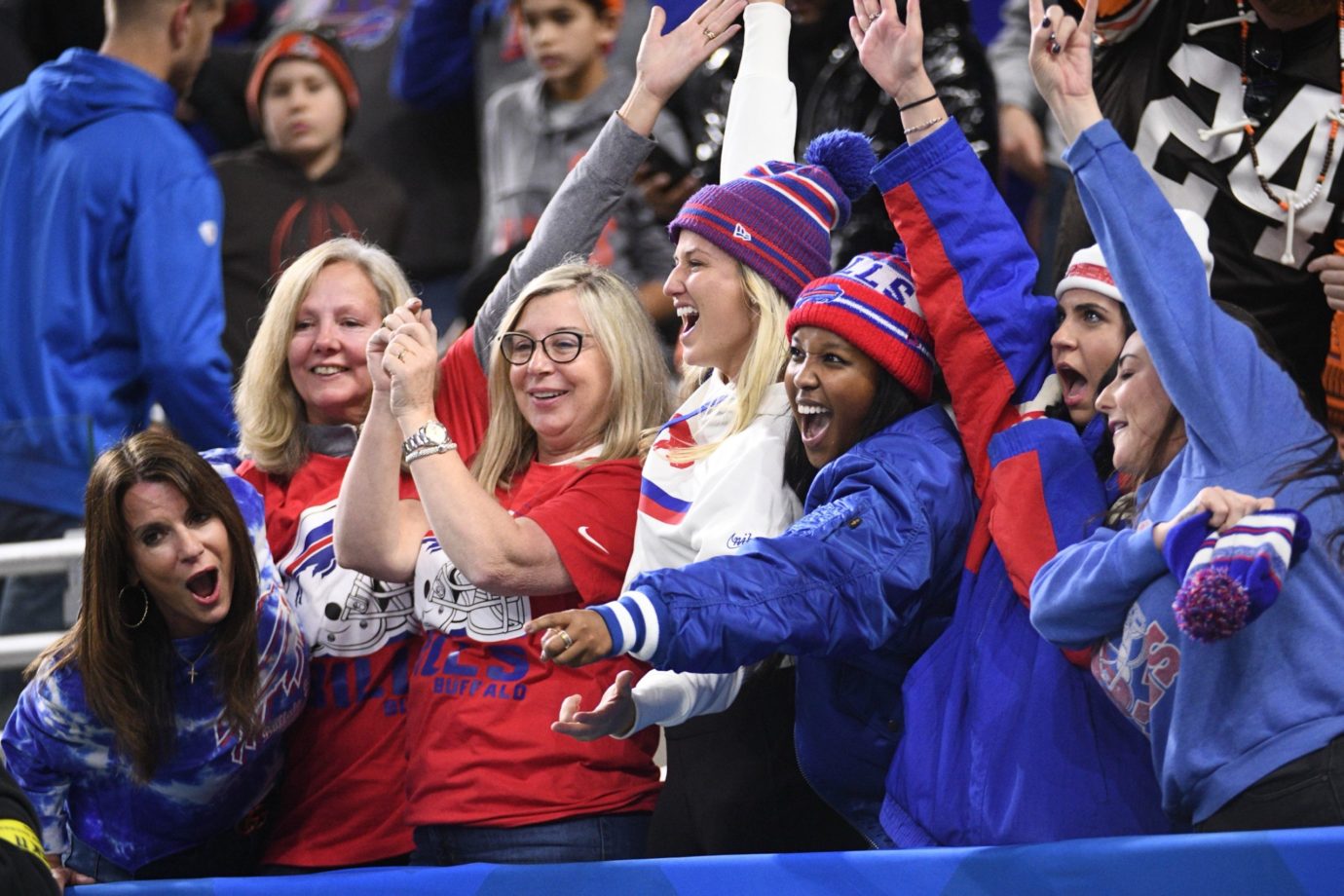 Nov 20, 2022; Detroit, Michigan, USA; Buffalo Bills fans cheer during the game against the Cleveland Browns at Ford Field. Mandatory Credit: Tim Fuller-USA TODAY Sports