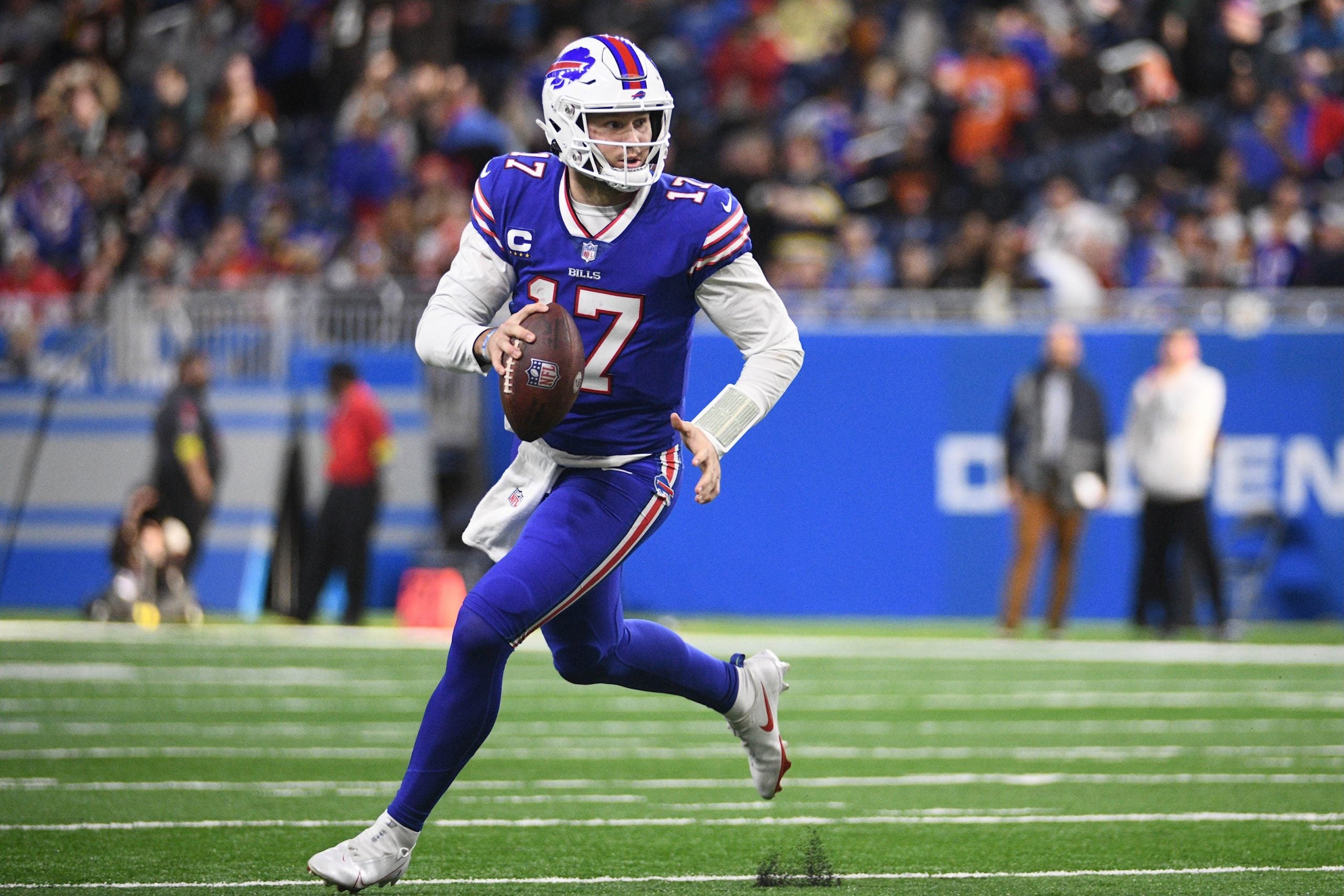 Nov 20, 2022; Detroit, Michigan, USA; Buffalo Bills quarterback Josh Allen (17) runs during the fourth quarter against the Cleveland Browns at Ford Field. Mandatory Credit: Tim Fuller-USA TODAY Sports