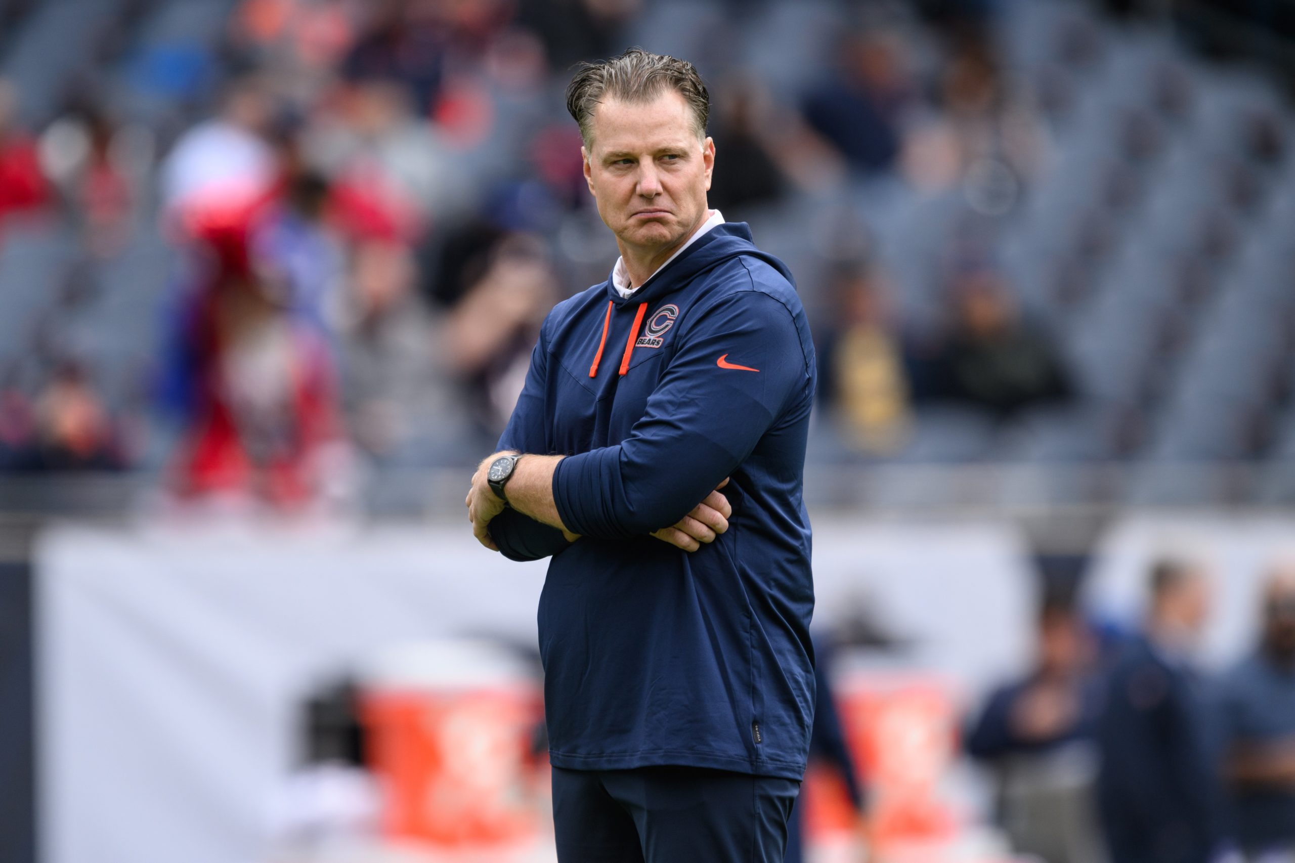 Sep 25, 2022; Chicago, Illinois, USA; Chicago Bears head coach Matt Eberflus looks on before the game against the Houston Texans at Soldier Field. Mandatory Credit: Daniel Bartel-USA TODAY Sports