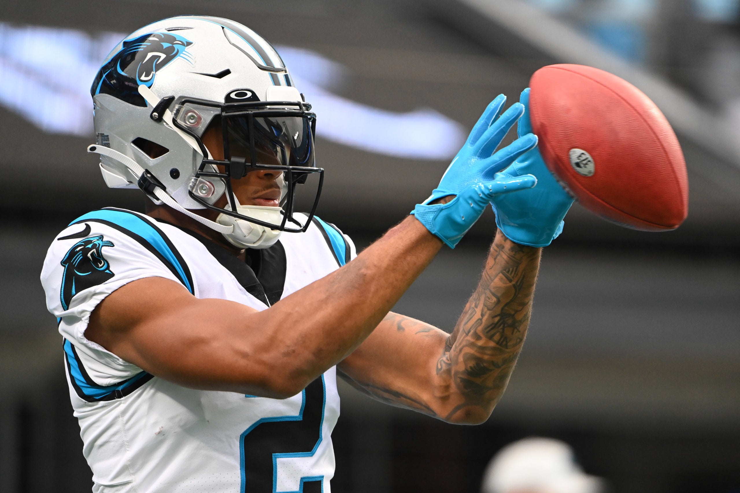Oct 2, 2022; Charlotte, North Carolina, USA; Carolina Panthers wide receiver DJ Moore (2) warms up before the game at Bank of America Stadium. Mandatory Credit: Bob Donnan-USA TODAY Sports