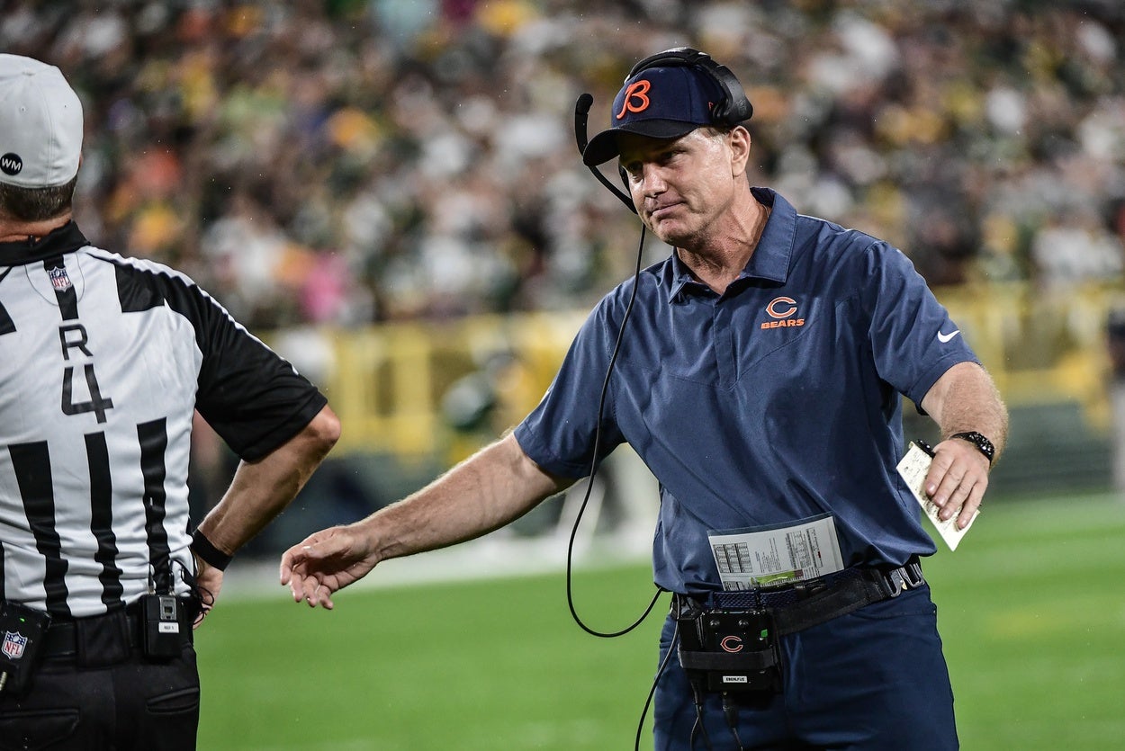 Sep 18, 2022; Green Bay, Wisconsin, USA; Chicago Bears head coach Matt Eberflus challenges a call in the fourth quarter during game against the Green Bay Packers at Lambeau Field. Mandatory Credit: Benny Sieu-USA TODAY Sports