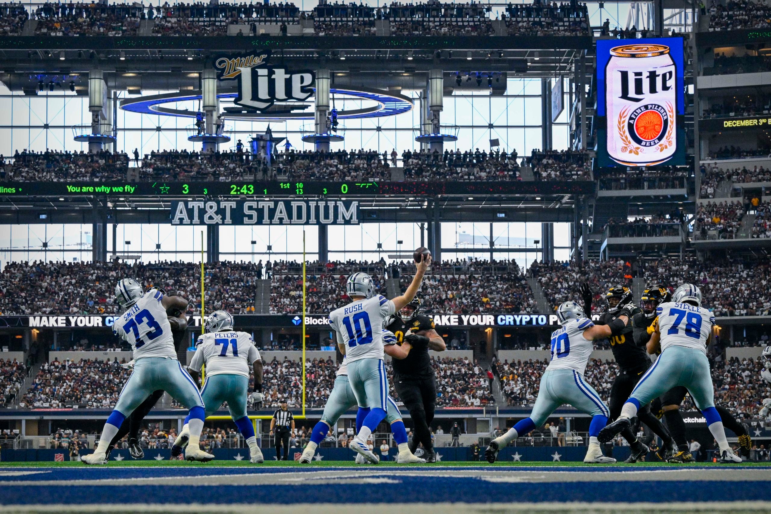 Oct 2, 2022; Arlington, Texas, USA; Dallas Cowboys quarterback Cooper Rush (10) passes against the Washington Commanders during the first quarter at AT&T Stadium. Mandatory Credit: Jerome Miron-USA TODAY Sports