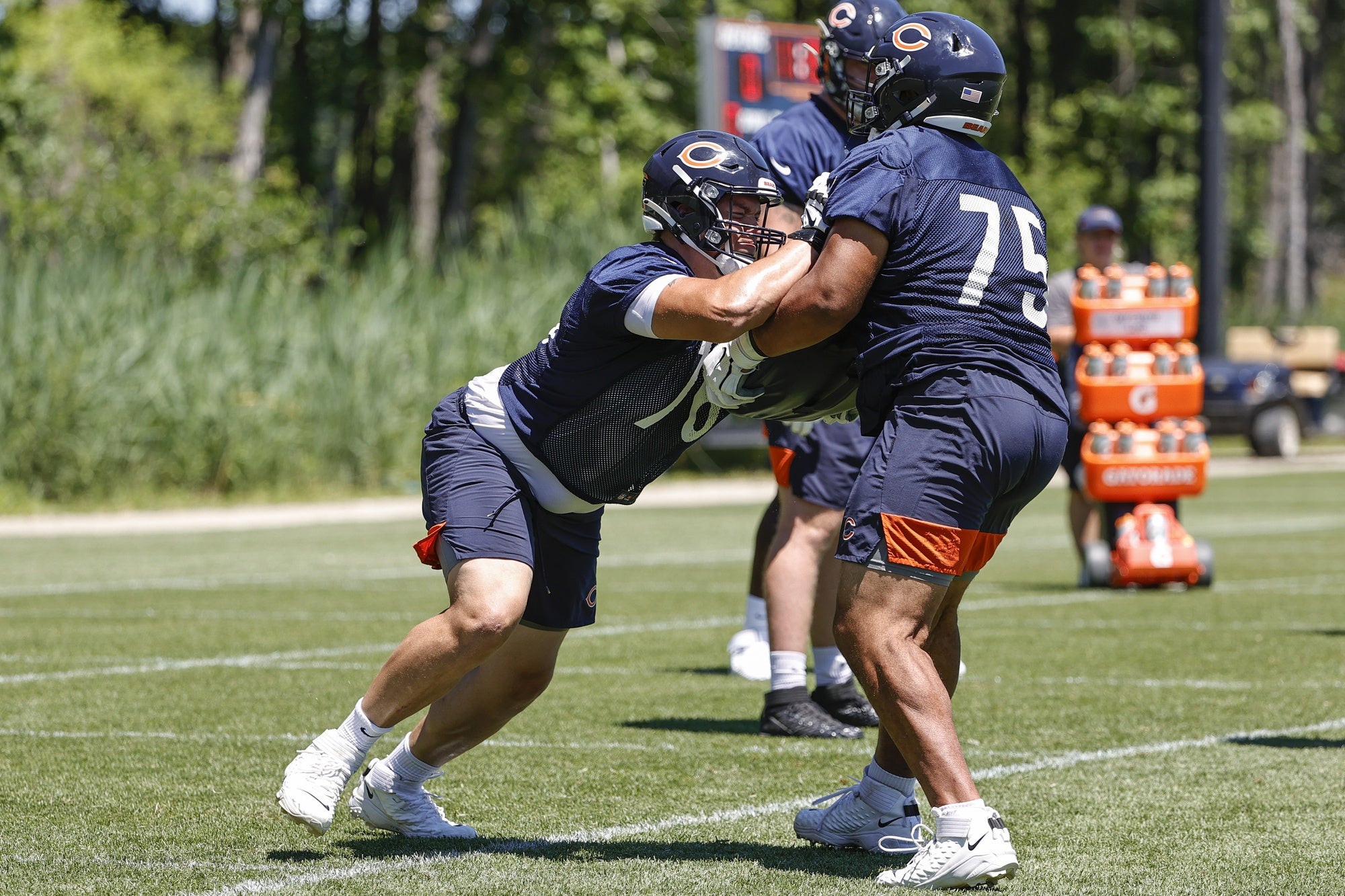 Jun 16, 2021; Lake Forest, Illinois, USA; Chicago Bears Teven Jenkins (left) in action with Larry Borom, right, during minicamp at Halas Hall. Mandatory Credit: Kamil Krzaczynski-USA TODAY Sports