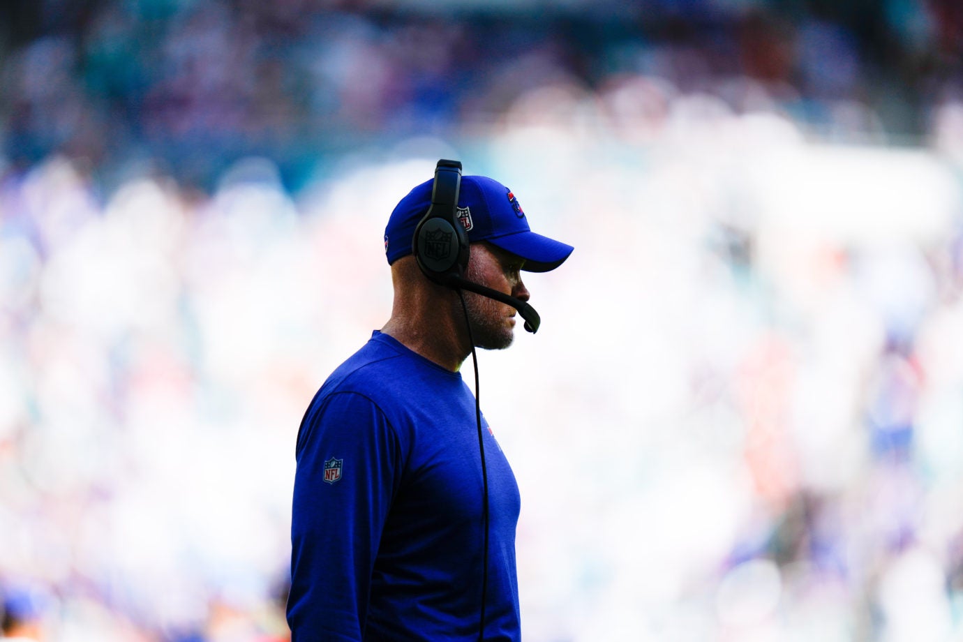 Sep 25, 2022; Miami Gardens, Florida, USA; Buffalo Bills head coach Sean McDermott watches the game against the Miami Dolphins during the second half at Hard Rock Stadium. Mandatory Credit: Rich Storry-USA TODAY Sports