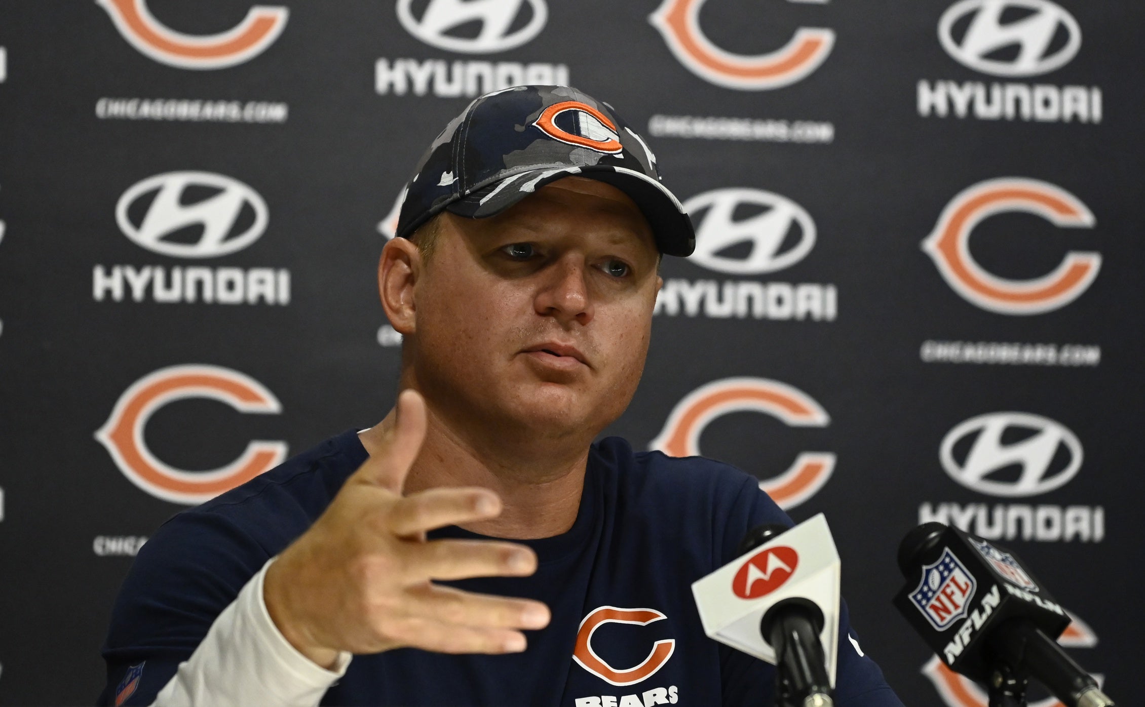 Jul 28, 2022; Lake Forest, IL, USA;  Chicago Bears offensive coordinator Luke Getsy talks with the media during training camp at PNC Center at Halas Hall. Mandatory Credit: Matt Marton-USA TODAY Sports