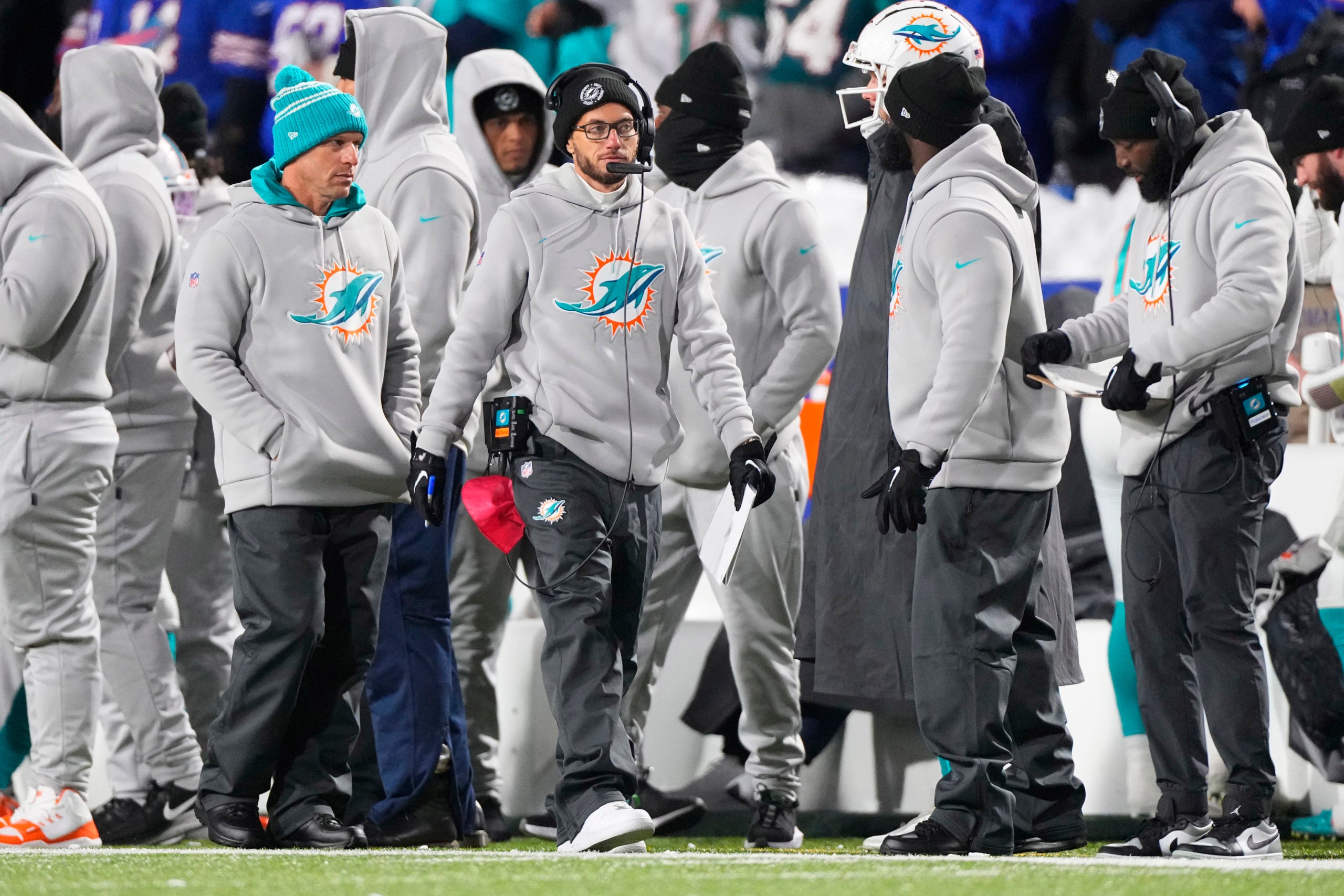 Dec 17, 2022; Orchard Park, New York, USA;  Miami Dolphins head coach Mike McDaniel walks the sidelines during the second half against the Buffalo Bills at Highmark Stadium. Mandatory Credit: Gregory Fisher-USA TODAY Sports