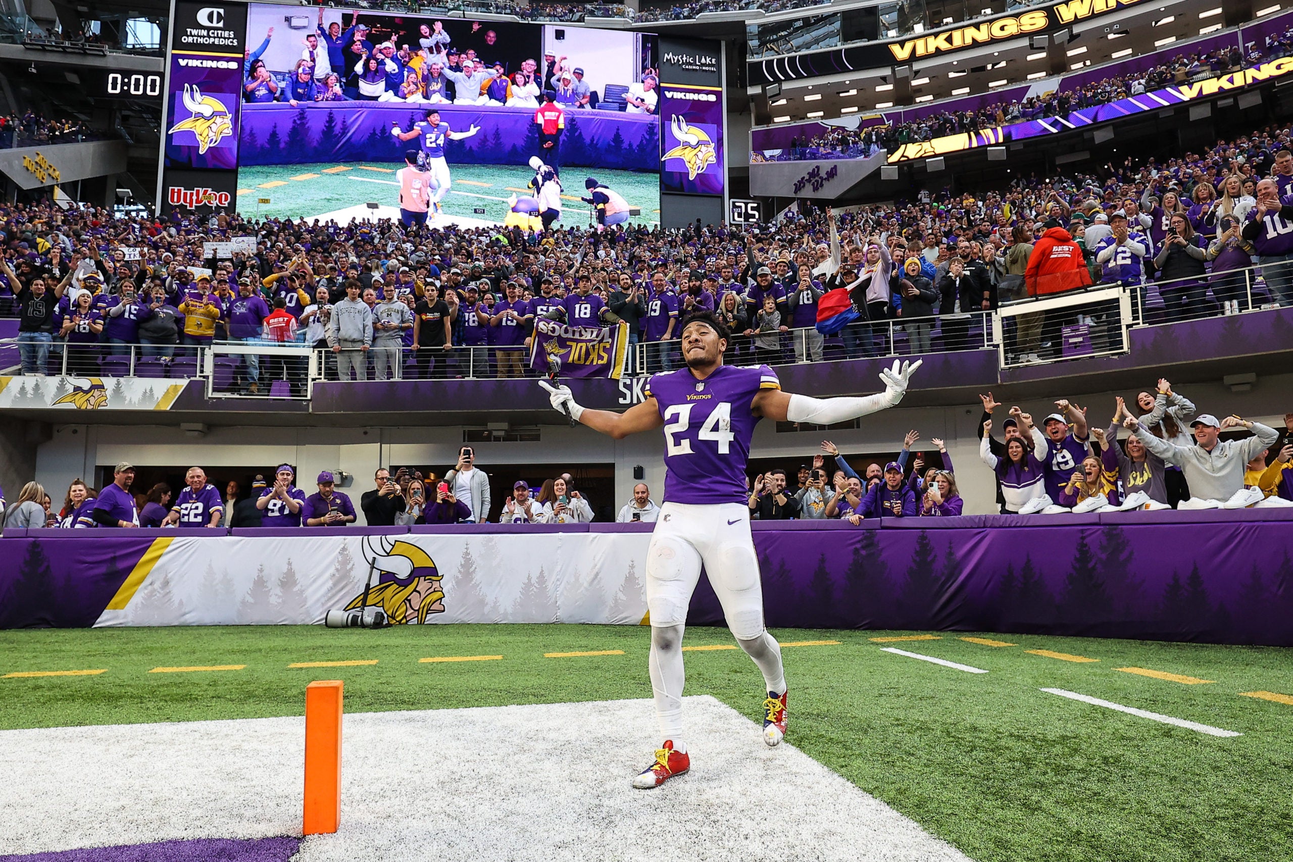 Dec 4, 2022; Minneapolis, Minnesota, USA; Minnesota Vikings safety Camryn Bynum (24) celebrates the win after the game against the New York Jets at U.S. Bank Stadium. Mandatory Credit: Matt Krohn-USA TODAY Sports