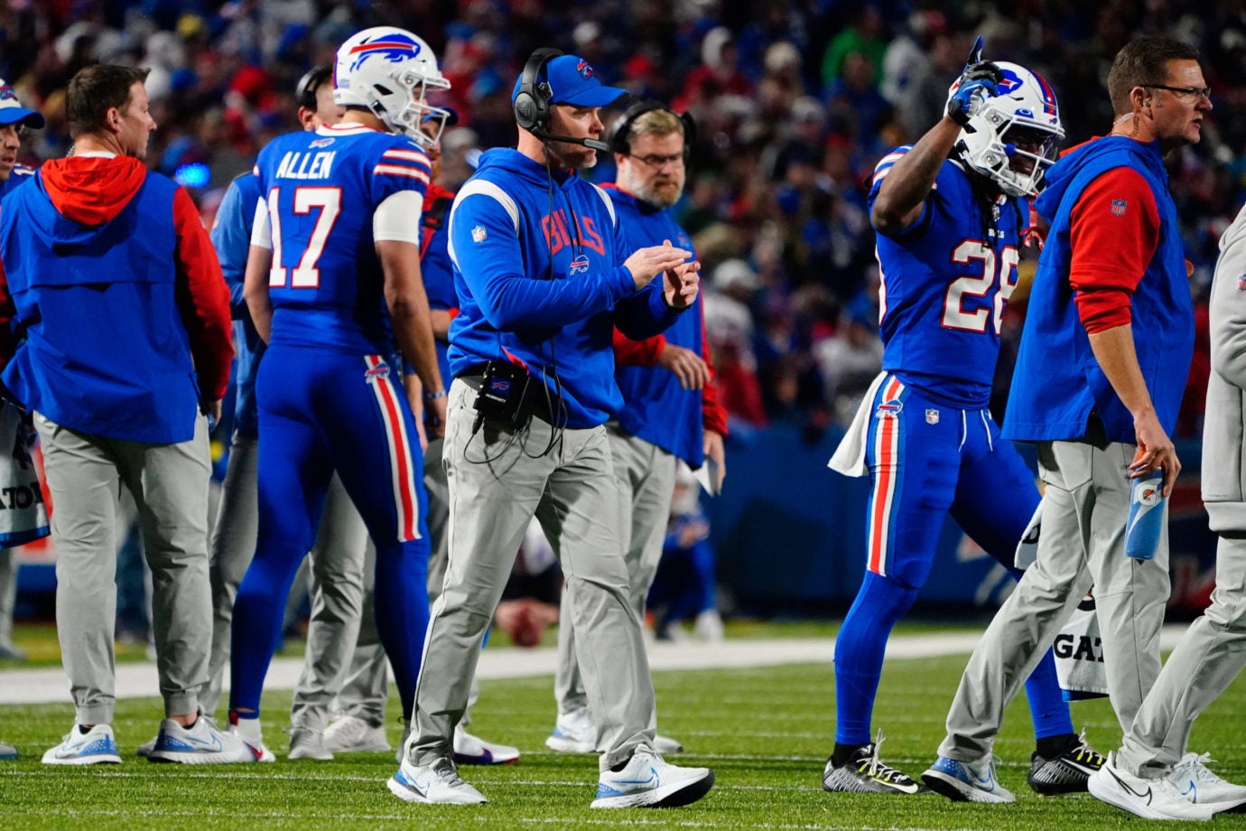 Oct 30, 2022; Orchard Park, New York, USA; Buffalo Bills head coach Sean McDermott on the field during the first half against the Green Bay Packers at Highmark Stadium. Mandatory Credit: Gregory Fisher-USA TODAY Sports