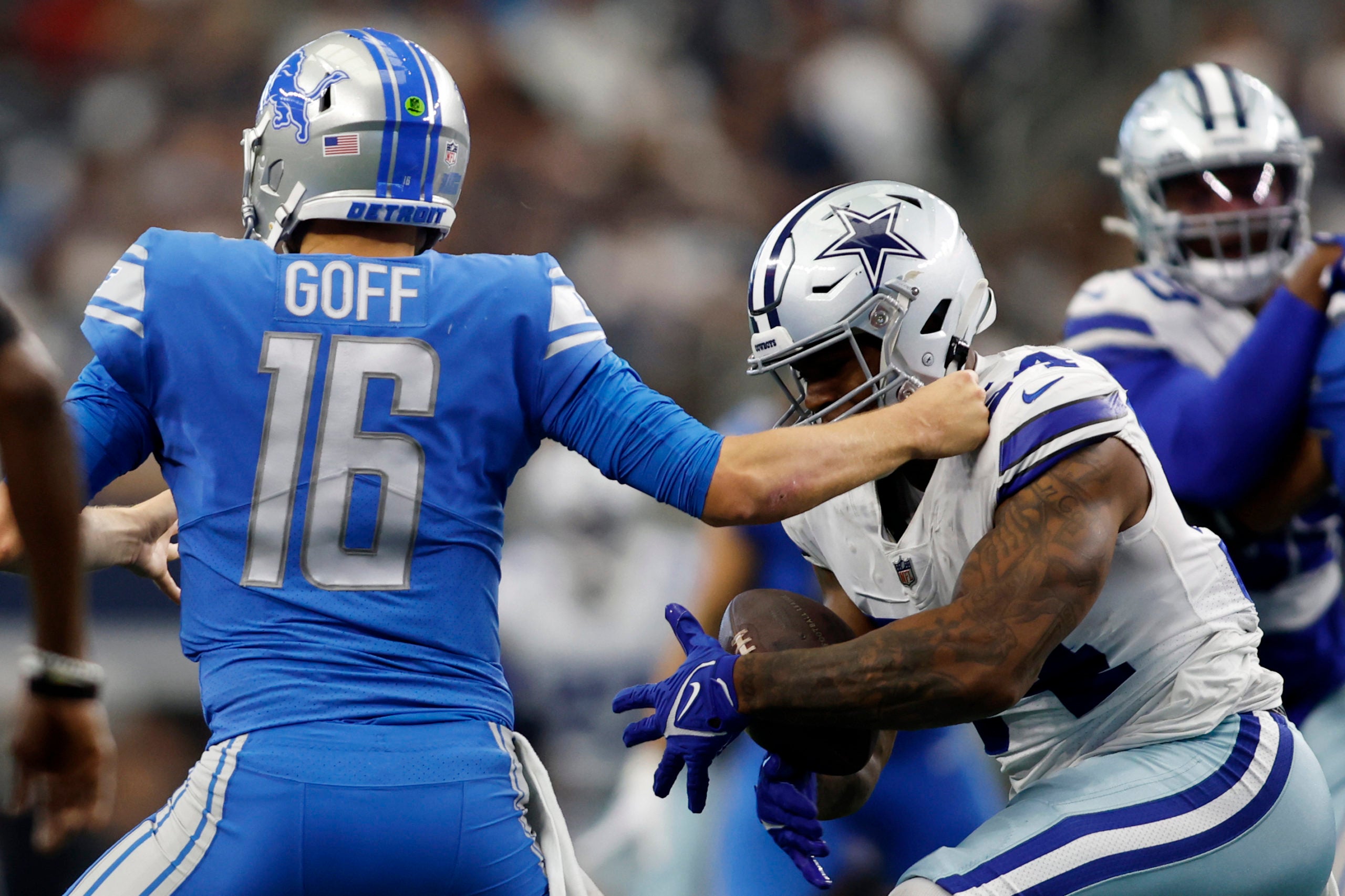 Oct 23, 2022; Arlington, Texas, USA; Dallas Cowboys defensive end Sam Williams (54) sacks and causes a fumble by Detroit Lions quarterback Jared Goff (16) and recovers it in the fourth quarter at AT&T Stadium. Mandatory Credit: Tim Heitman-USA TODAY Sports