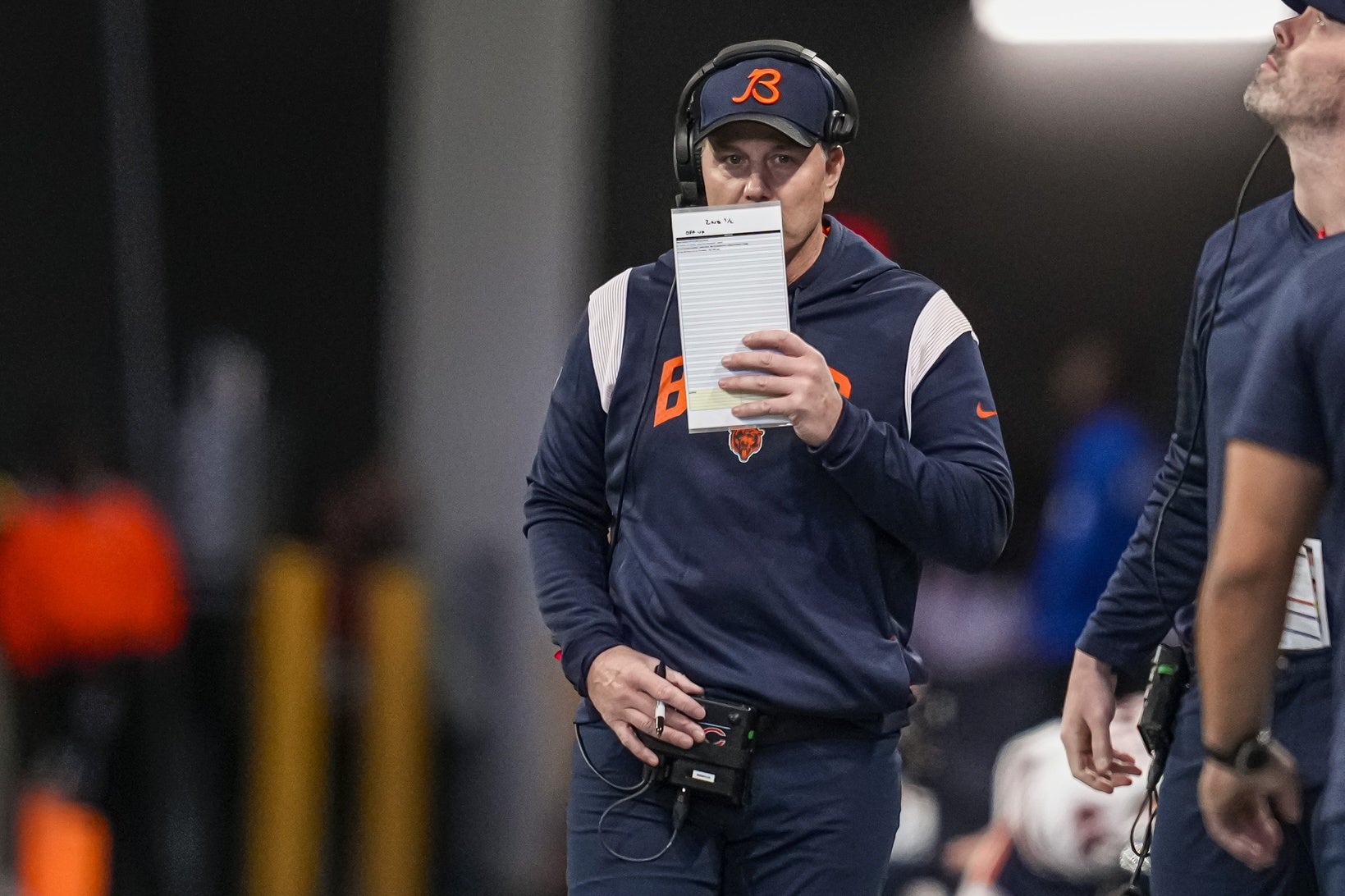 Nov 20, 2022; Atlanta, Georgia, USA; Chicago Bears head coach Matt Eberflus on the sideline during the game against the Atlanta Falcons at Mercedes-Benz Stadium. Mandatory Credit: Dale Zanine-USA TODAY Sports