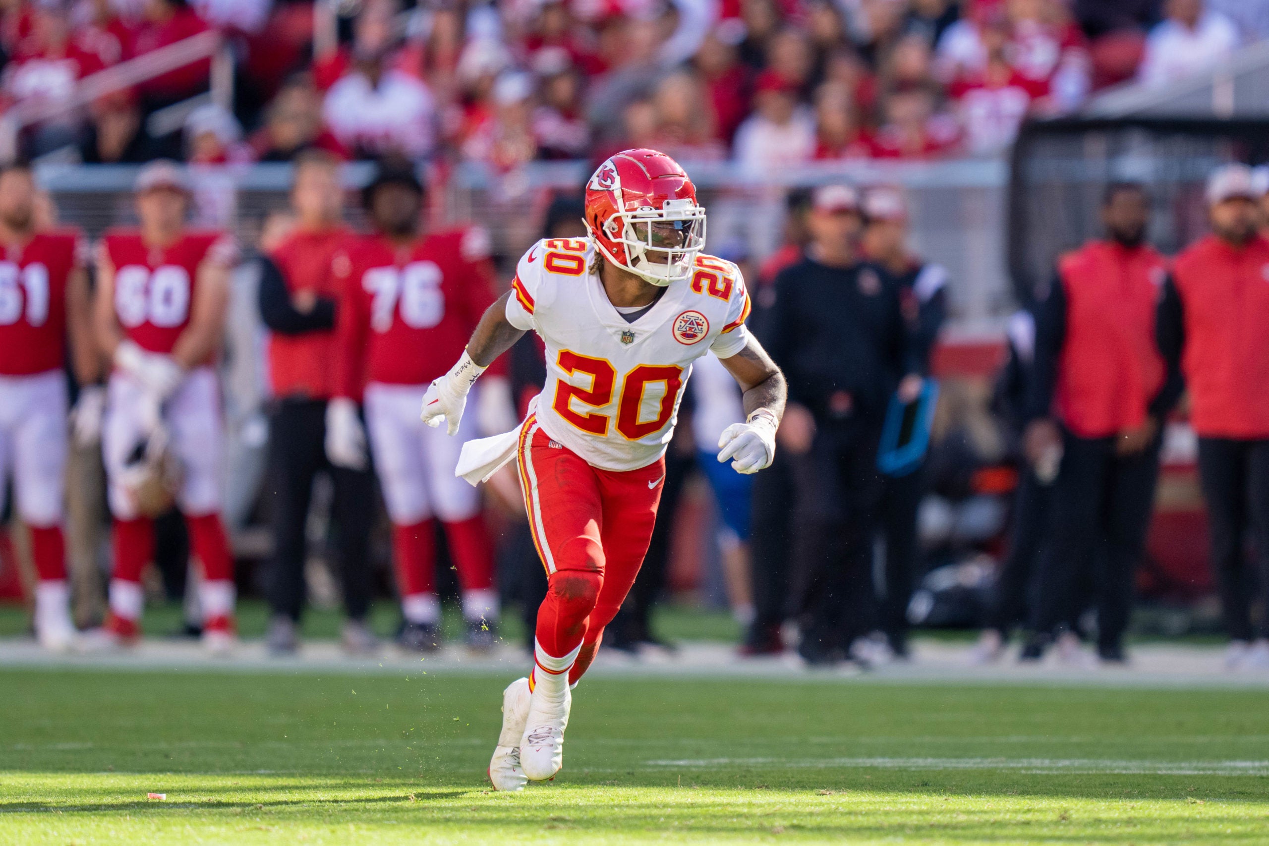 October 23, 2022; Santa Clara, California, USA; Kansas City Chiefs safety Justin Reid (20) during the third quarter against the San Francisco 49ers at Levi's Stadium. Mandatory Credit: Kyle Terada-USA TODAY Sports