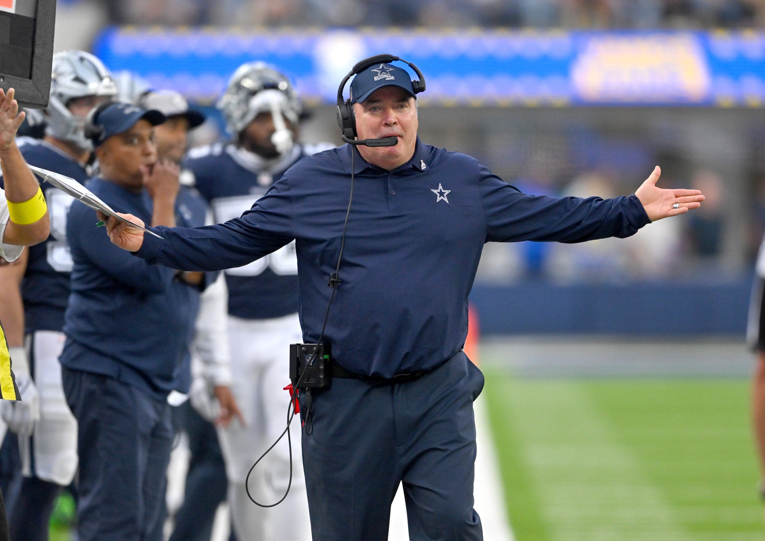 Oct 9, 2022; Inglewood, California, USA; Dallas Cowboys head coach Mike McCarthy questions a call in the second half against the Los Angeles Rams at SoFi Stadium. Mandatory Credit: Jayne Kamin-Oncea-USA TODAY Sports