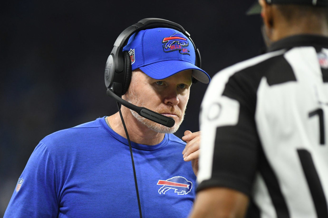 Nov 24, 2022; Detroit, Michigan, USA;  Buffalo Bills head coach Sean McDermott talks with the game officials during their game against the Detroit Lions in the fourth quarter at Ford Field. Mandatory Credit: Lon Horwedel-USA TODAY Sports