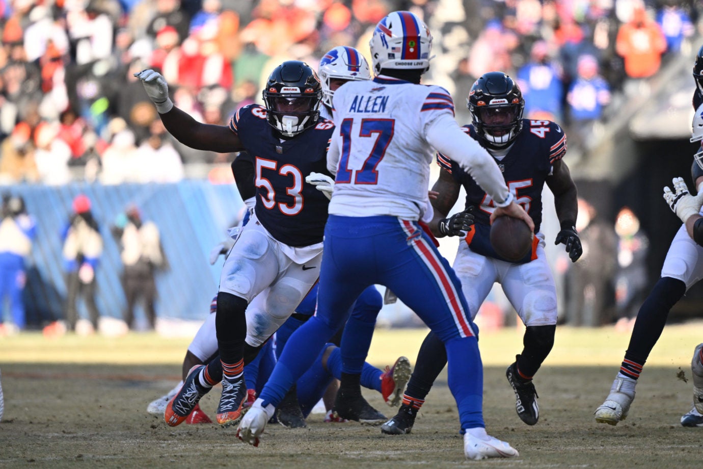 Dec 24, 2022; Chicago, Illinois, USA;  Chicago Bears linebacker Nicholas Morrow (53) applies pressure to Buffalo Bills quarterback Josh Allen (17) in the third quarter at Soldier Field. Buffalo defeated Chicago 35-13. Mandatory Credit: Jamie Sabau-USA TODAY Sports