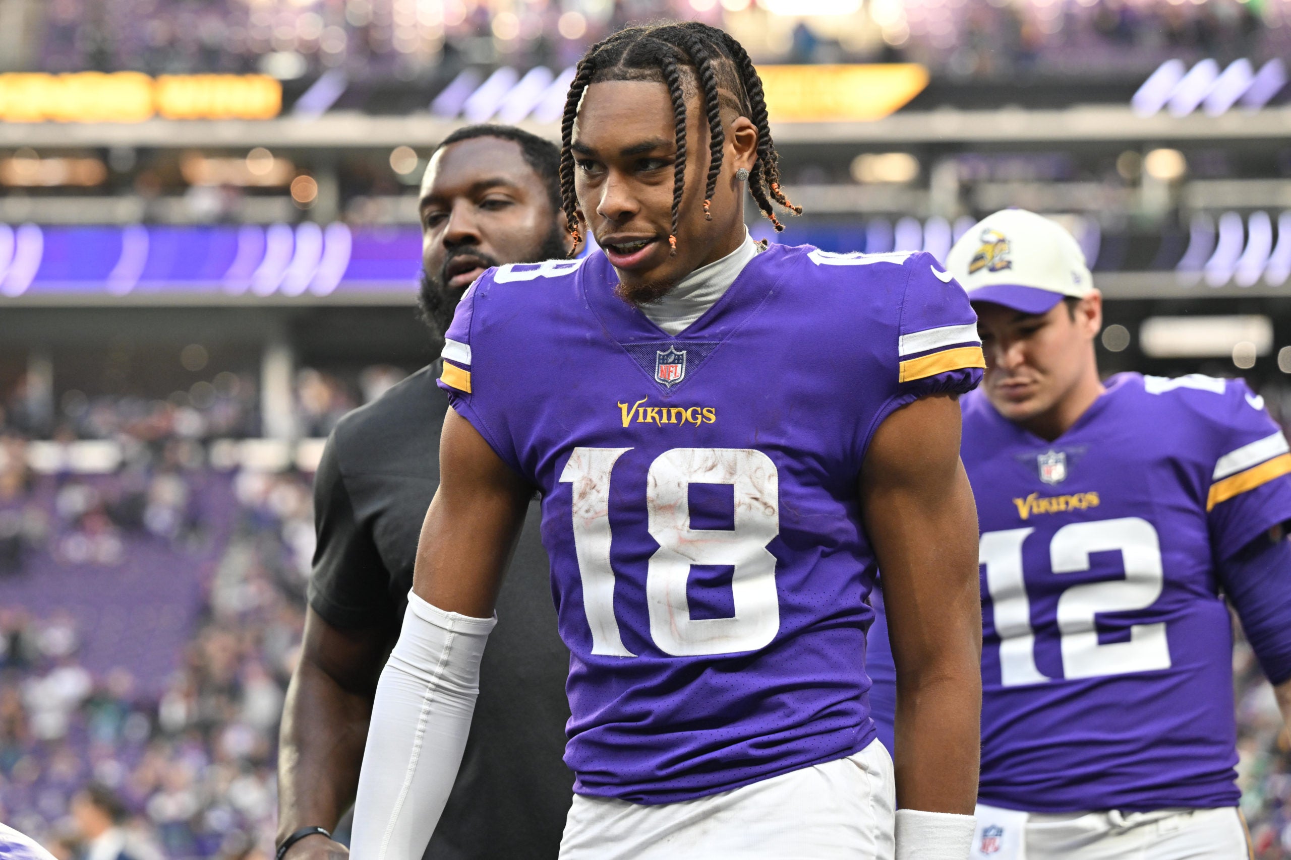Dec 4, 2022; Minneapolis, Minnesota, USA; Minnesota Vikings wide receiver Justin Jefferson (18) reacts after the game against the New York Jets at U.S. Bank Stadium. Mandatory Credit: Jeffrey Becker-USA TODAY Sports