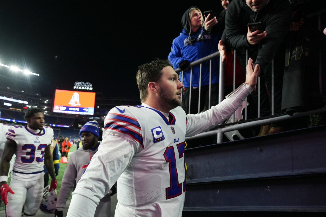 Dec 1, 2022; Foxborough, Massachusetts, USA; Buffalo Bills quarterback Josh Allen (17) greets fans after defeating the New England Patriots at Gillette Stadium. Mandatory Credit: David Butler II-USA TODAY Sports
