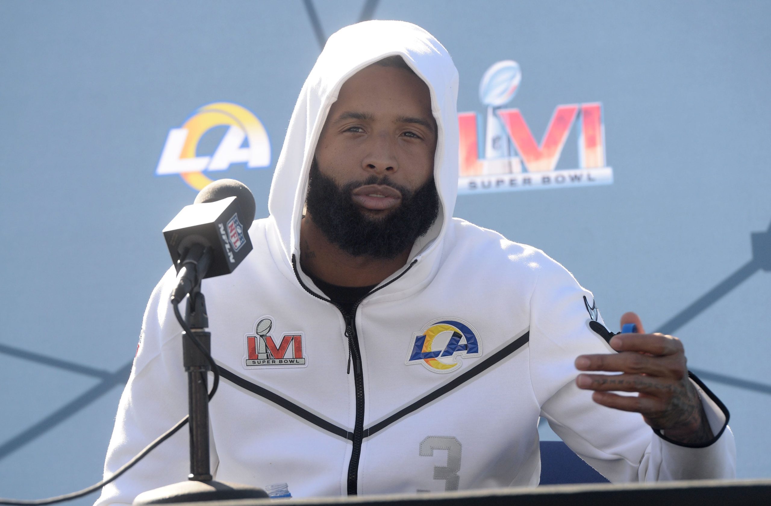 Odell Beckham Jr., wide receiver for the LA Rams, talks with reporters on Super Bowl Media Day at William Rolland Stadium on Friday, Feb 11, 2022. Don't use duplicate