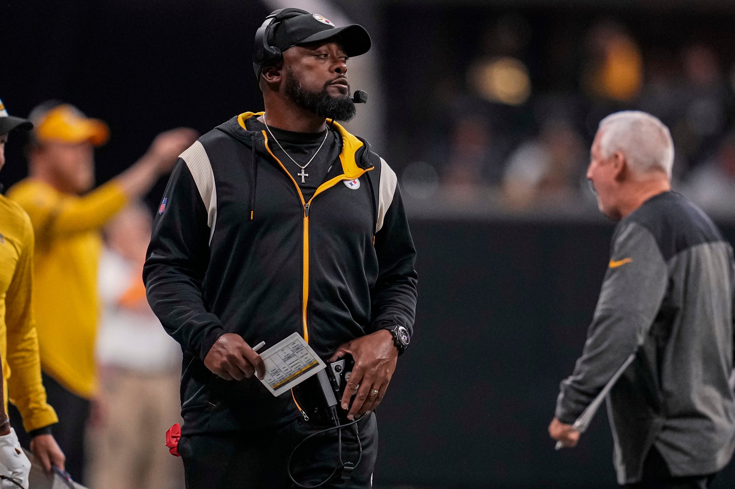 Dec 4, 2022; Atlanta, Georgia, USA; Pittsburgh Steelers head coach Mike Tomlin on the sideline during the game against the Atlanta Falcons during the first half at Mercedes-Benz Stadium. Mandatory Credit: Dale Zanine-USA TODAY Sports