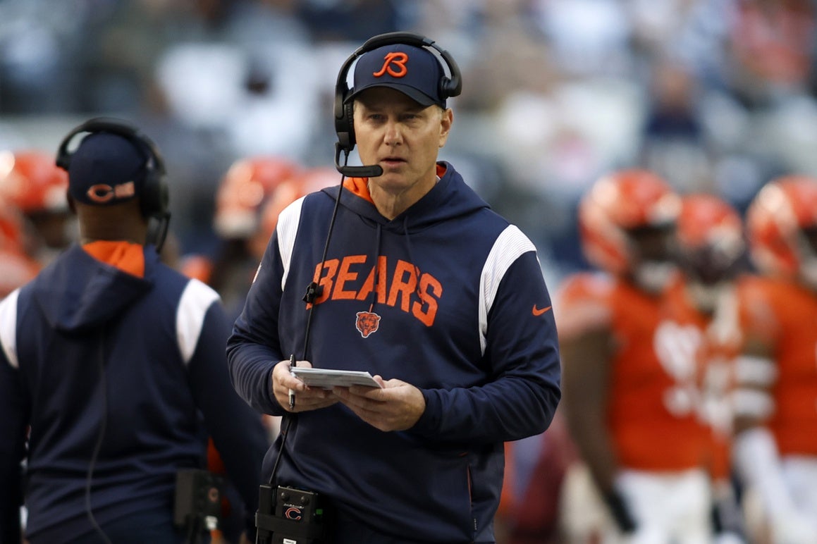 Oct 30, 2022; Arlington, Texas, USA; Chicago Bears head coach Matt Eberflus on the sidelines during the game against the Dallas Cowboys at AT&T Stadium. Mandatory Credit: Tim Heitman-USA TODAY Sports
