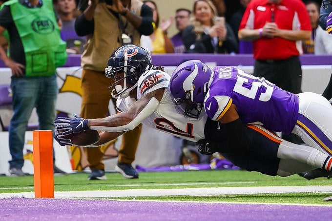 Chicago Bears Velus Jones Jr. touchdown NFL TD Minnesota Vikings Justin Fields stats NFL football video career draft