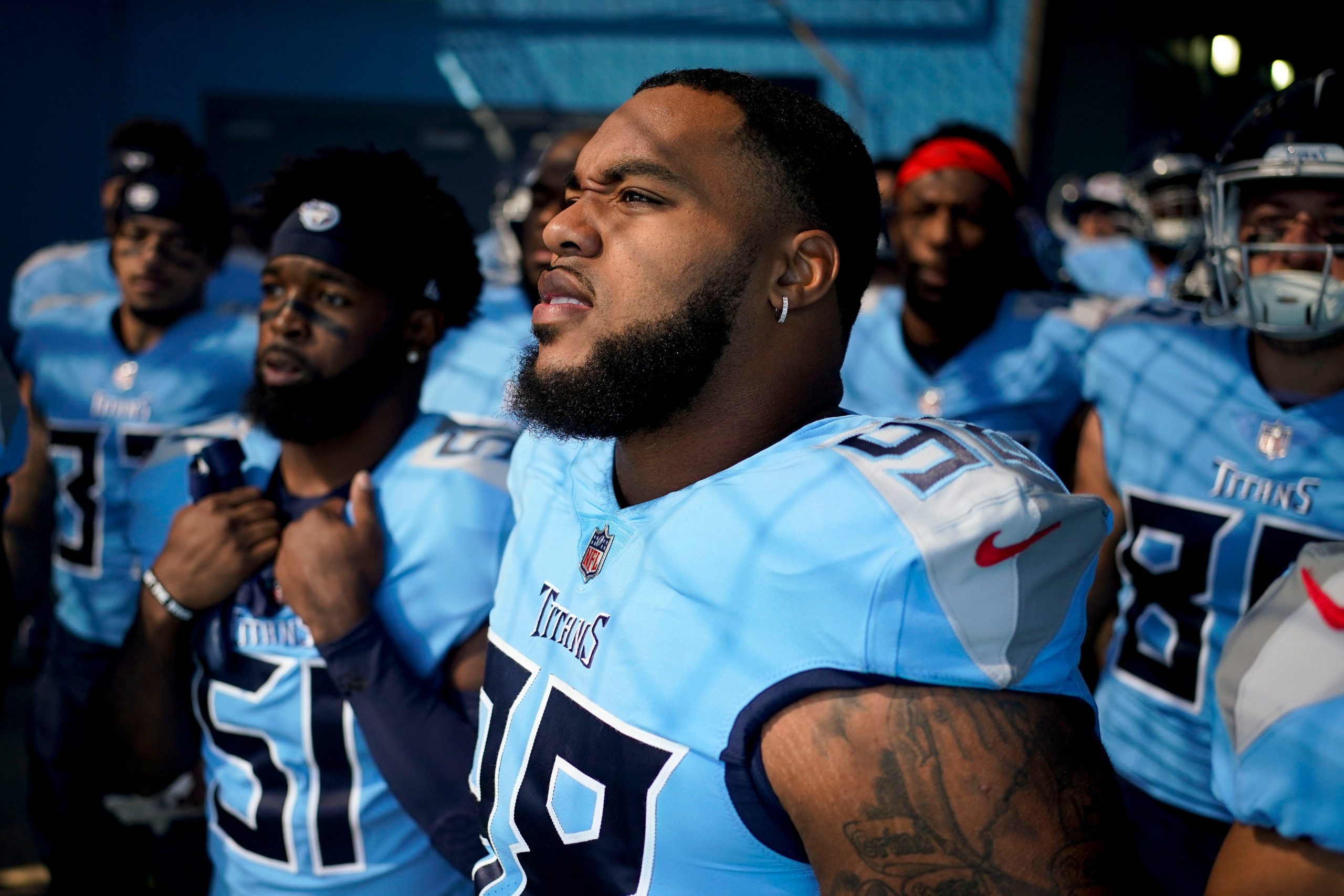Tennessee Titans defensive tackle Jeffery Simmons (98) and his teammates head to the field to face the Indianapolis Colts at Nissan Stadium Sunday, Oct. 23, 2022, in Nashville, Tenn. Nfl Indianapolis Colts At Tennessee Titans