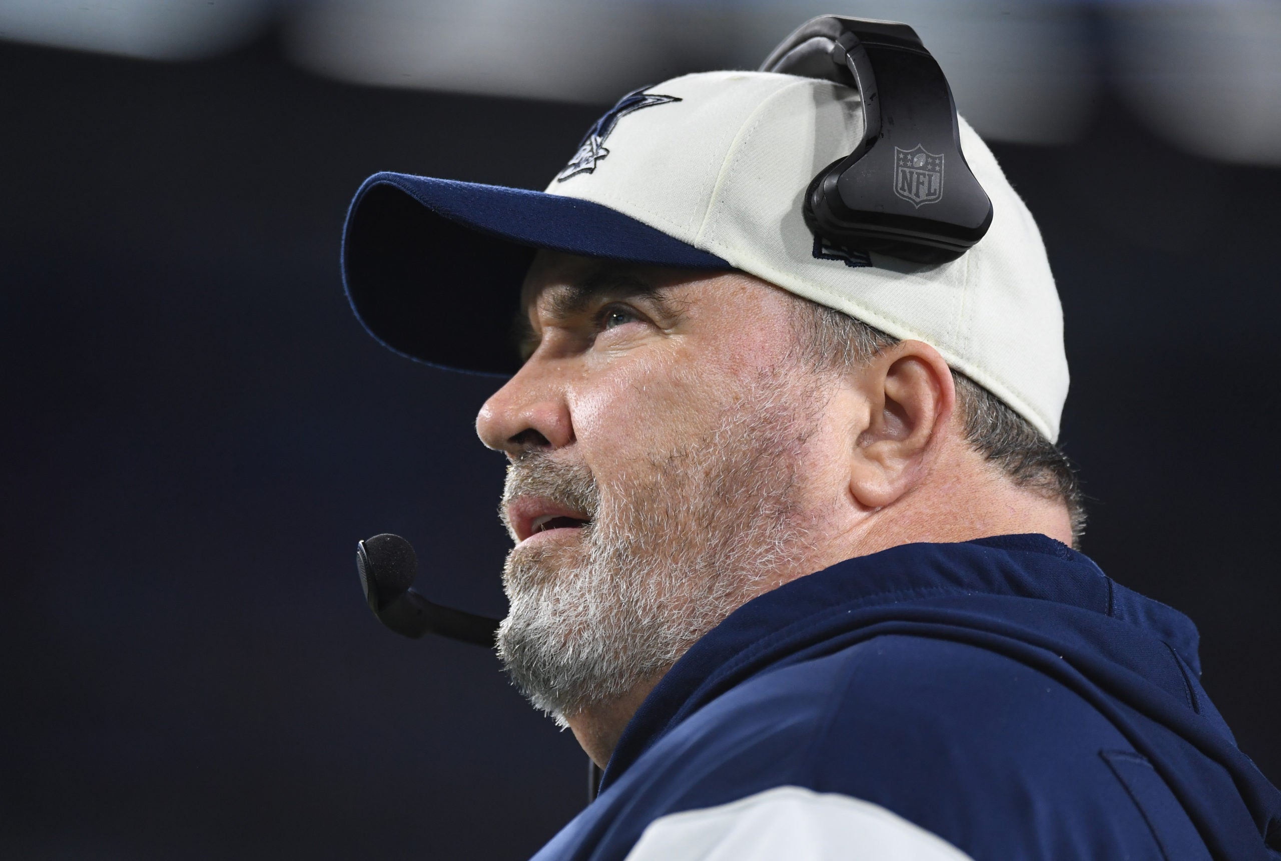 Dec 29, 2022; Nashville, Tennessee, USA; Dallas Cowboys head coach Mike McCarthy watches a replay on the video board during the first half against the Tennessee Titans at Nissan Stadium. Mandatory Credit: Christopher Hanewinckel-USA TODAY Sports