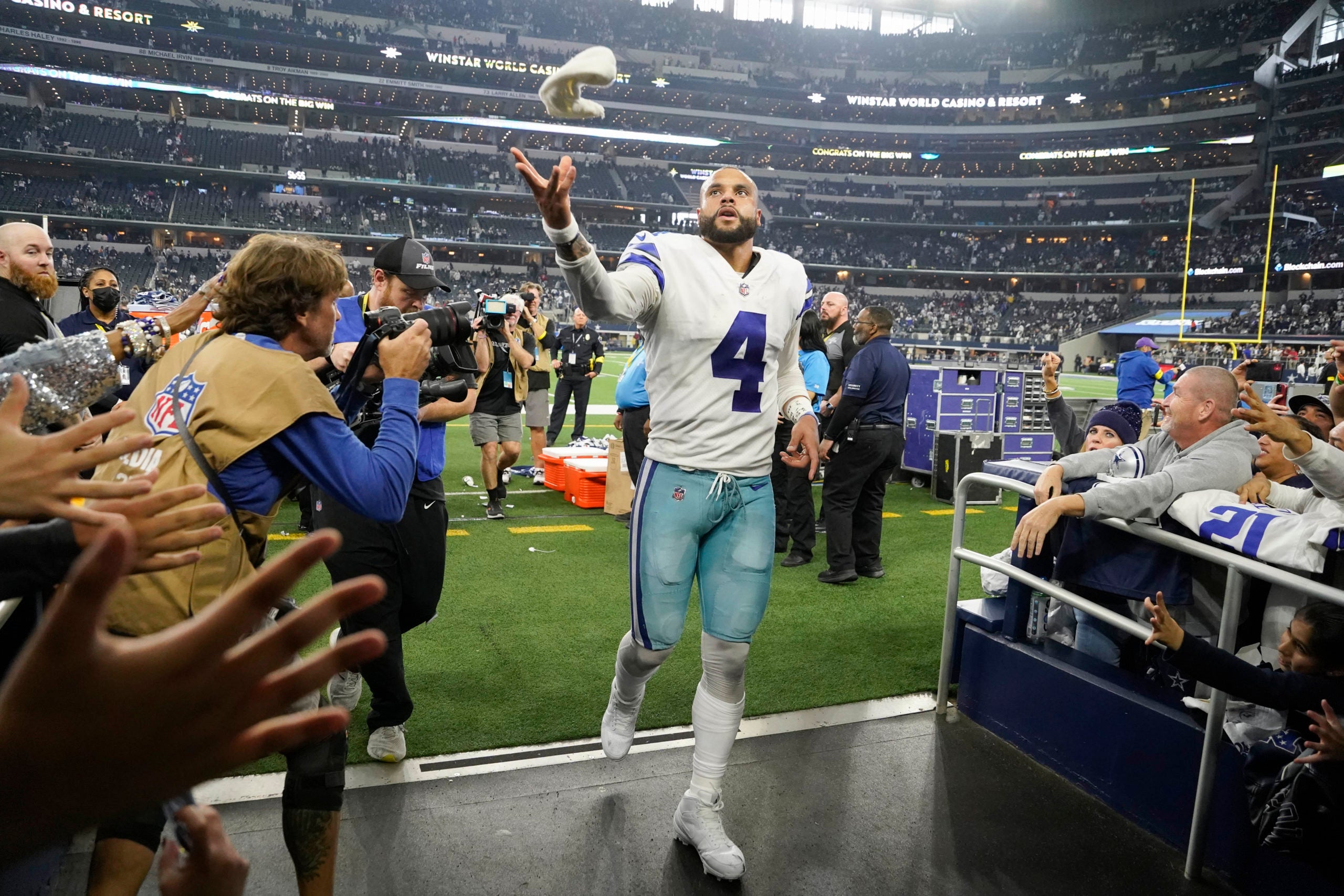 Dec 11, 2022; Arlington, Texas, USA; Dallas Cowboys quarterback Dak Prescott (4) leaves the field following a game against the Houston Texans  at AT&T Stadium. Mandatory Credit: Raymond Carlin III-USA TODAY Sports