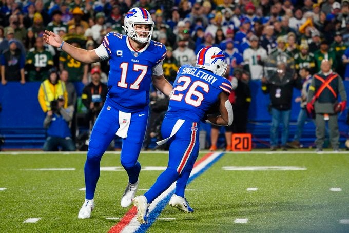 Buffalo Bills Devin Singletary Josh Allen run game rushing offense Ken Dorsey play calls offensive coordinator James Cook Green Bay Packers NFl football news