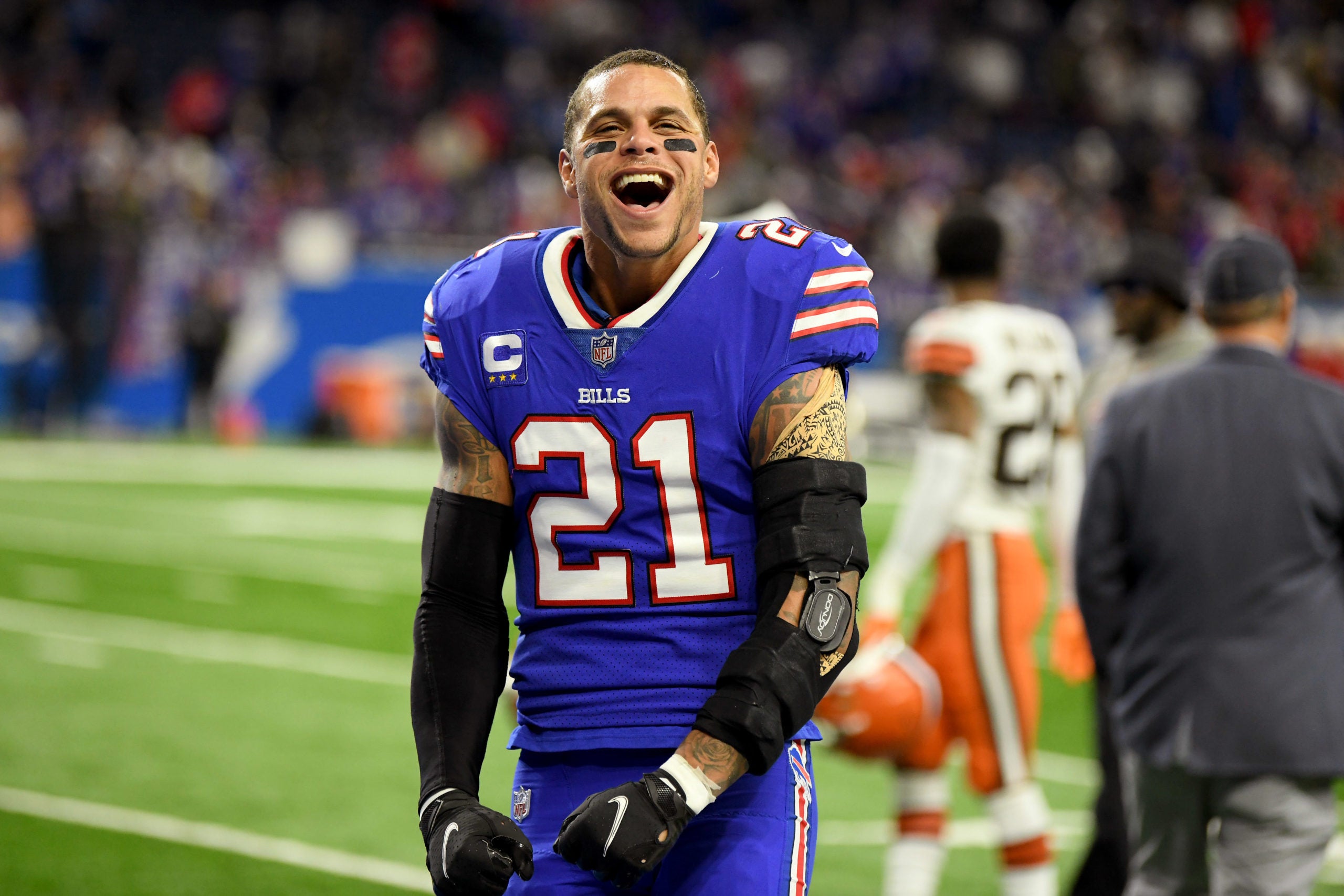Nov 20, 2022; Detroit, Michigan, USA; Buffalo Bills safety Jordan Poyer (21) celebrates after the Bills beat the Cleveland Browns at Ford Field. Mandatory Credit: Lon Horwedel-USA TODAY Sports