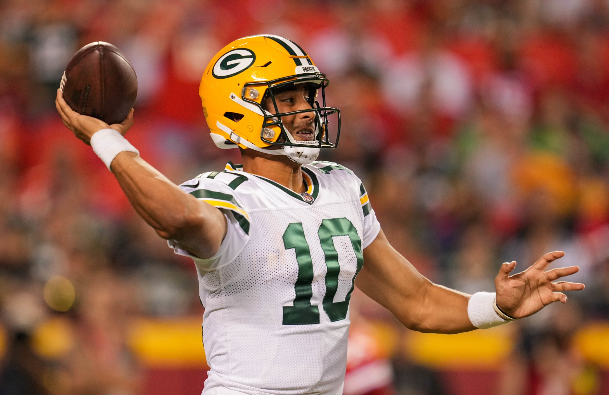 Aug 25, 2022; Kansas City, Missouri, USA; Green Bay Packers quarterback Jordan Love (10) throws a pass against the Kansas City Chiefs during the second half at GEHA Field at Arrowhead Stadium. Mandatory Credit: