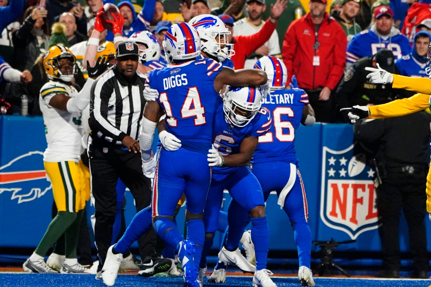 Oct 30, 2022; Orchard Park, New York, USA; Buffalo Bills wide receiver Isaiah McKenzie (6) congratulates Buffalo Bills wide receiver Stefon Diggs (14) for scoring a touchdown against the Green Bay Packers during the first half at Highmark Stadium. Mandatory Credit: Gregory Fisher-USA TODAY Sports