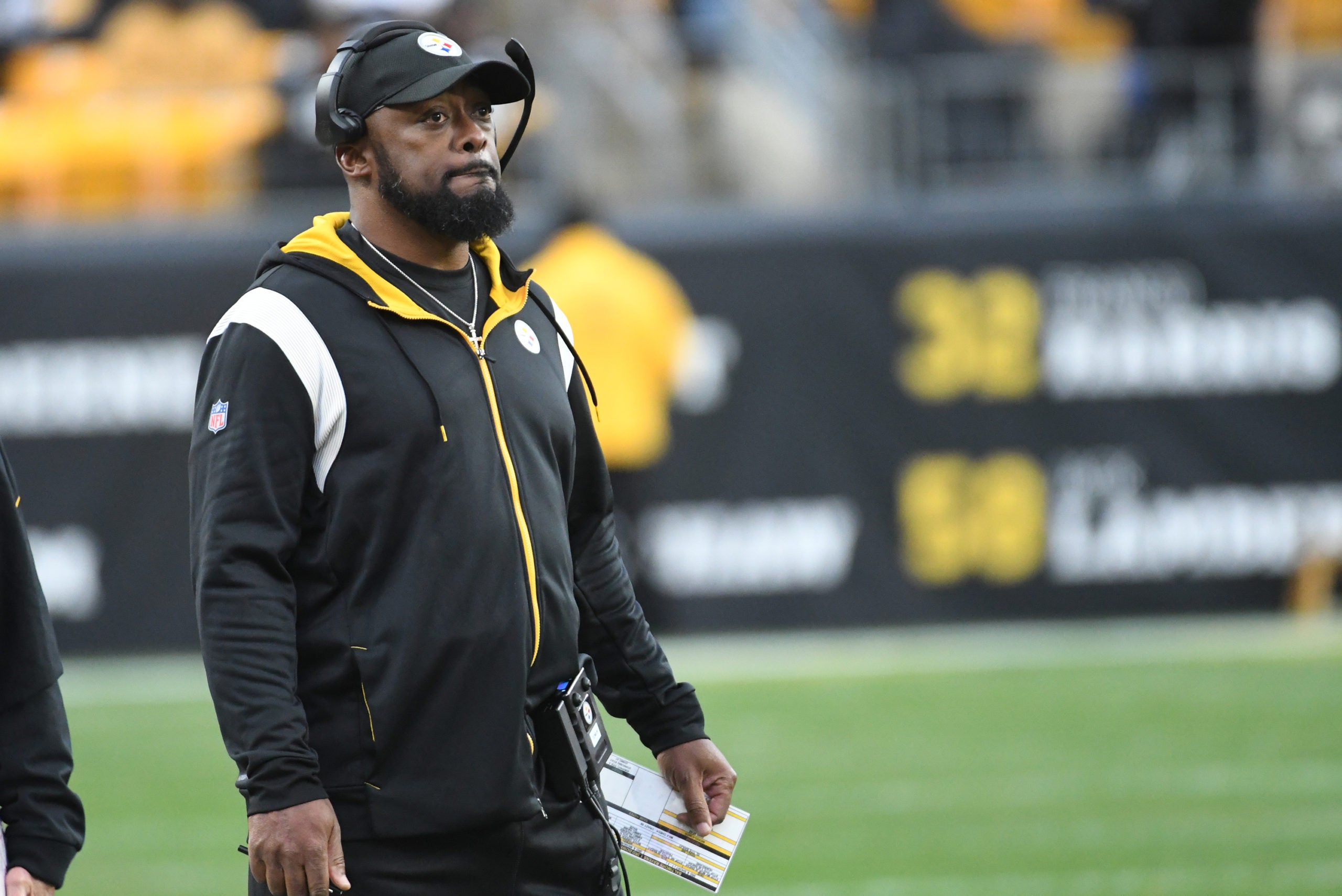Dec 11, 2022; Pittsburgh, Pennsylvania, USA;  Pittsburgh Steelers head coach Mike Tomlin watches the fourth quarter action against the Baltimore Ravens at Acrisure Stadium. Mandatory Credit: Philip G. Pavely-USA TODAY Sports