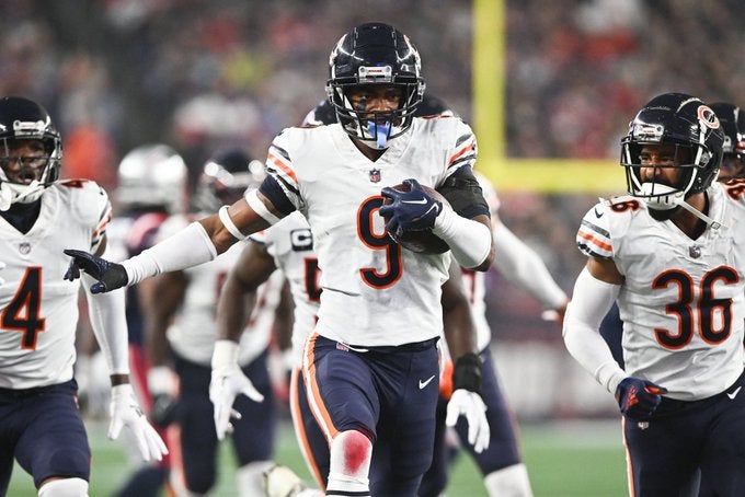 Chicago Bears rookie safety Jaquan Brisker Penn State 2022 NFL draft Ryan Poled class defense offense Monday Night Football MNF INT interceptions tackles stats NFL football news New England Patriots