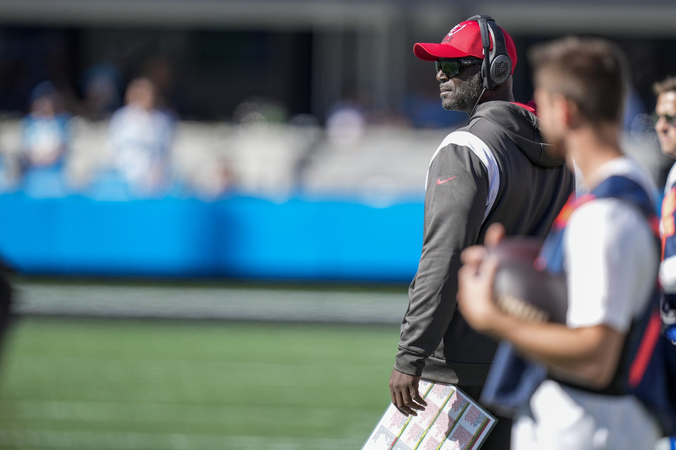 Oct 23, 2022; Charlotte, North Carolina, USA; Tampa Bay Buccaneers head coach Todd Bowles watches his offense during the second half against the Carolina Panthers at Bank of America Stadium. Mandatory Credit: Jim Dedmon-USA TODAY Sports