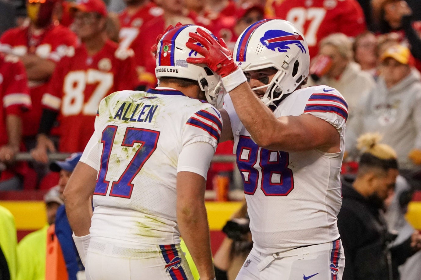 Oct 16, 2022; Kansas City, Missouri, USA; Buffalo Bills tight end Dawson Knox (88) celebrates with quarterback Josh Allen (17) after scoring against the Kansas City Chiefs during the second half at GEHA Field at Arrowhead Stadium. Mandatory Credit: Denny Medley-USA TODAY Sports