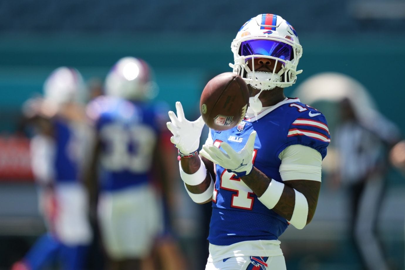 Sep 25, 2022; Miami Gardens, Florida, USA; Buffalo Bills wide receiver Stefon Diggs (14) warms up prior to the game against the Miami Dolphins at Hard Rock Stadium. Mandatory Credit: Jasen Vinlove-USA TODAY Sports