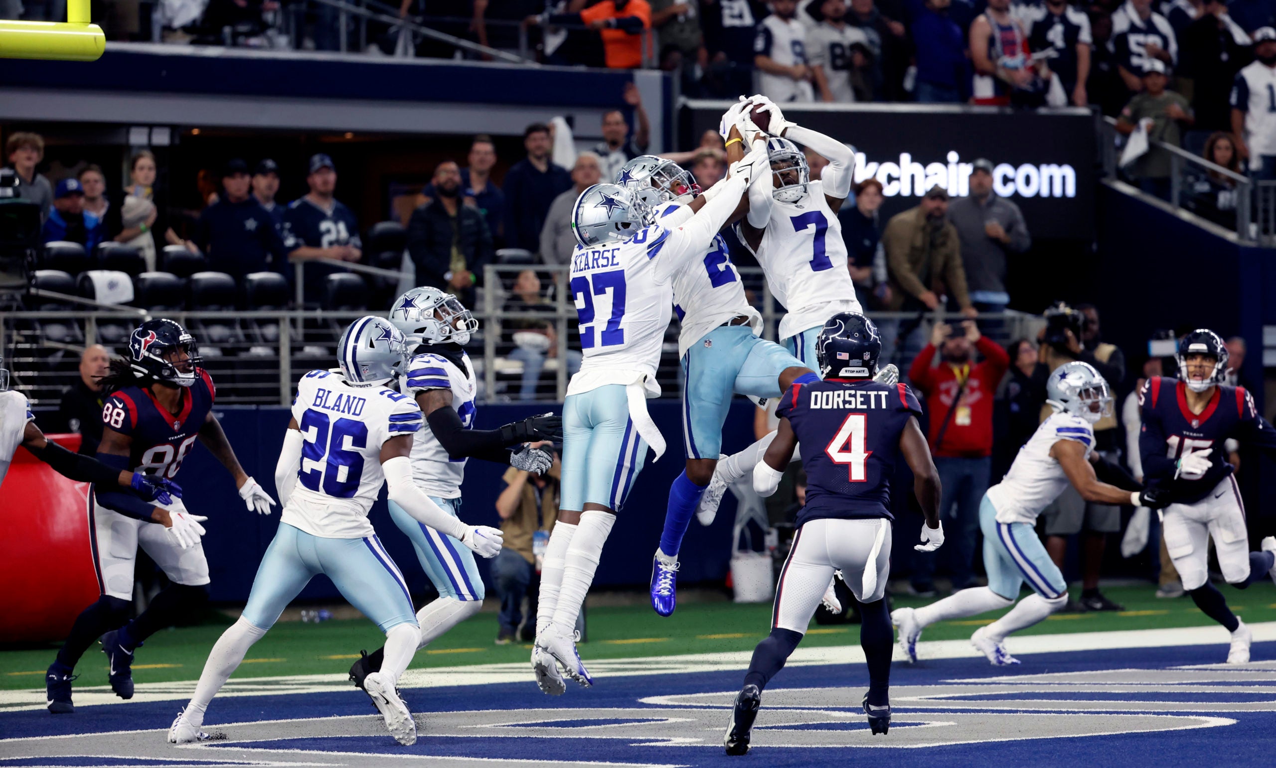 Dec 11, 2022; Arlington, Texas, USA;  Dallas Cowboys safety Israel Mukuamu (24) makes an interception during the fourth quarter against the Houston Texans at AT&T Stadium. Mandatory Credit: Kevin Jairaj-USA TODAY Sports