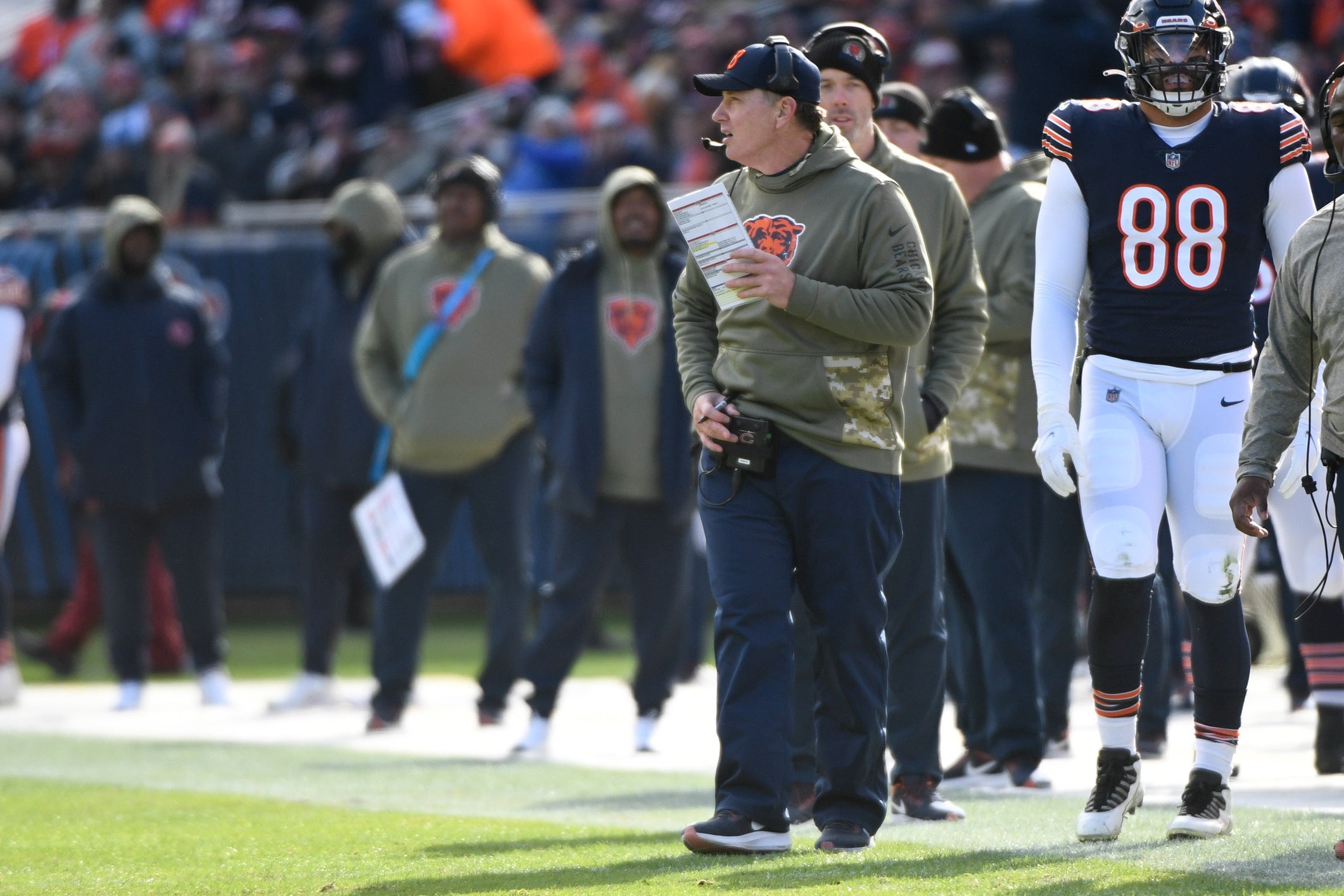 Nov 13, 2022; Chicago, Illinois, USA;  Chicago Bears head coach Matt Eberflus looks on against the Detroit Lions during the second half at Soldier Field. Mandatory Credit: Matt Marton-USA TODAY Sports