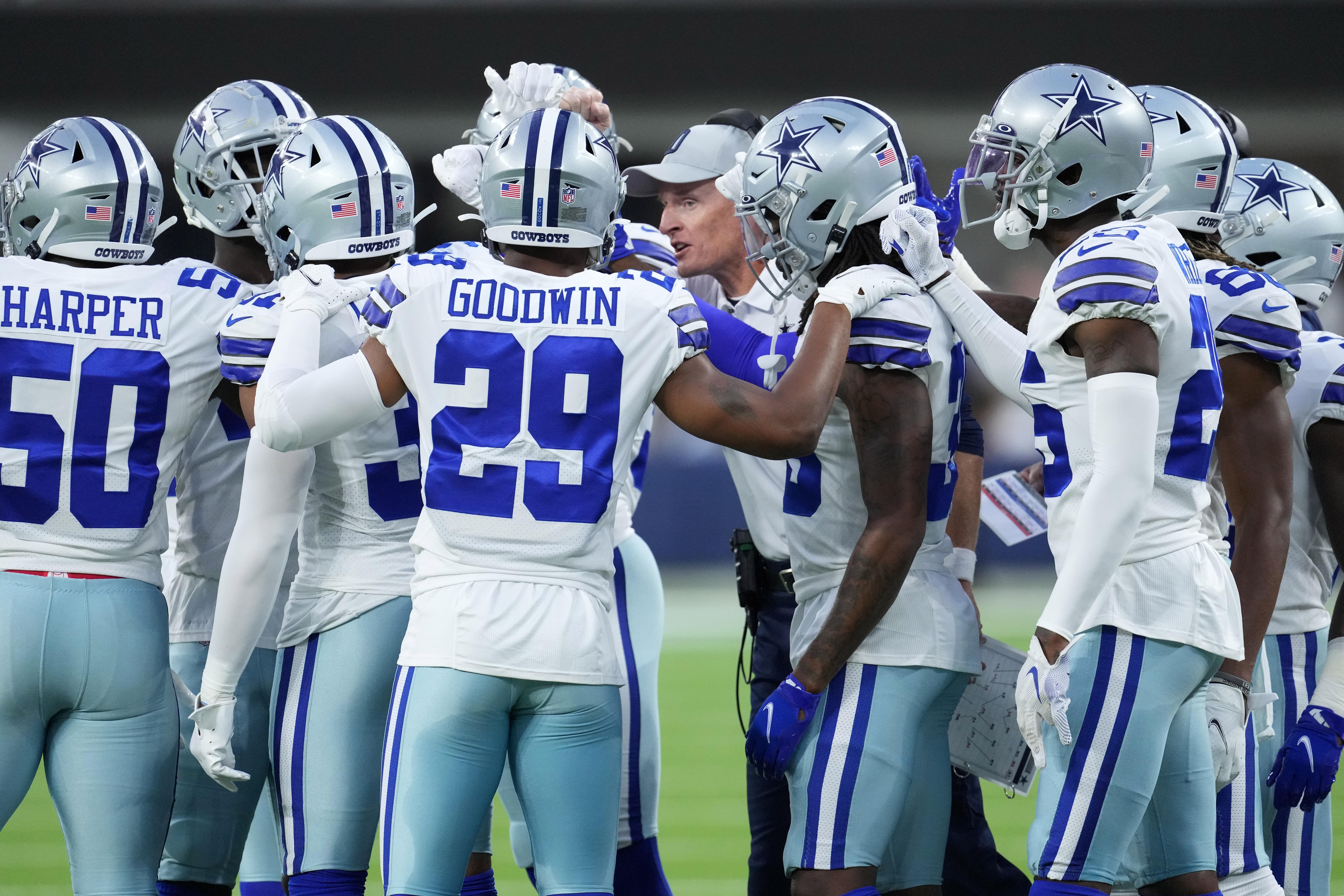 Aug 20, 2022; Inglewood, California, USA; Dallas Cowboys players huddle around special teams coordinator John Fassel in the first half against the Los Angeles Chargers at SoFi Stadium. Mandatory Credit: Kirby Lee-USA TODAY Sports